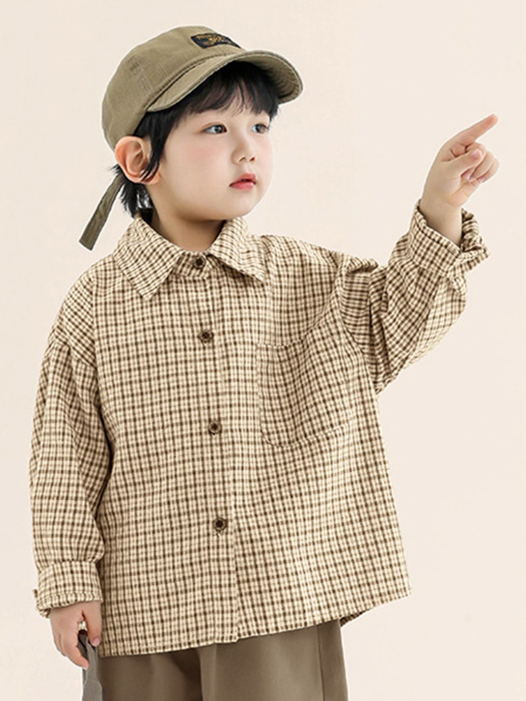 

LULU & SKY Boys Checked V-Neck Pockets T-shirt, Beige