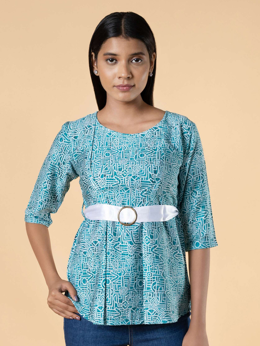 

NOT SO PINK Geometric Print Roll-Up Sleeves Top, Green