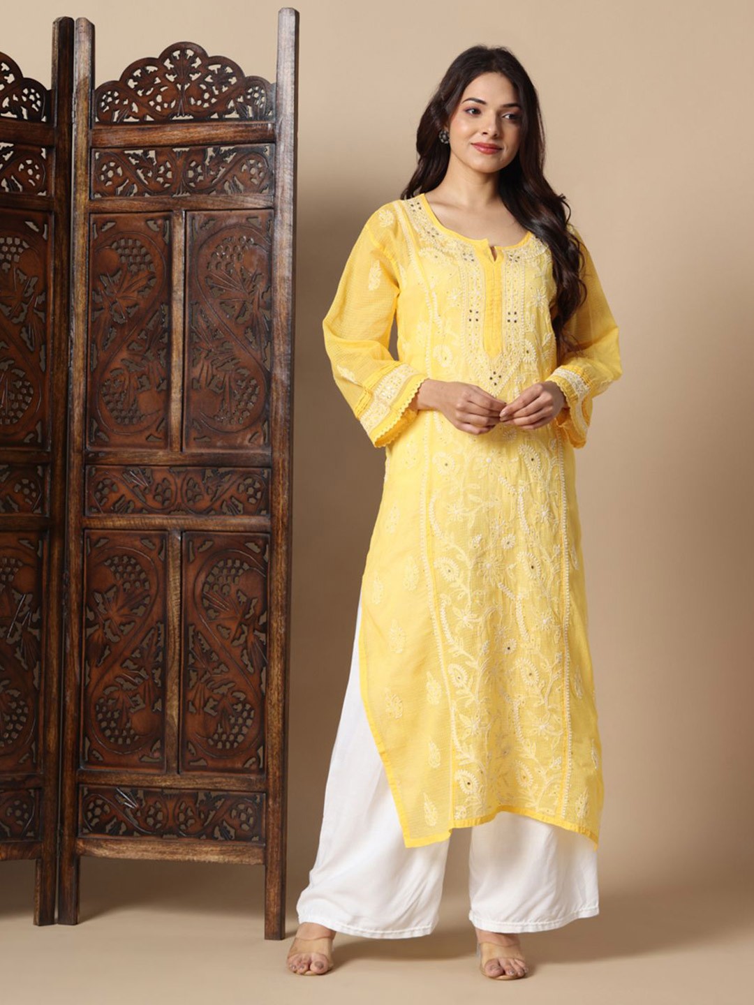 

Fashionable Chikan Handikraft Ethnic Motifs Embroidered Chikankari Cotton Straight Kurta, Yellow