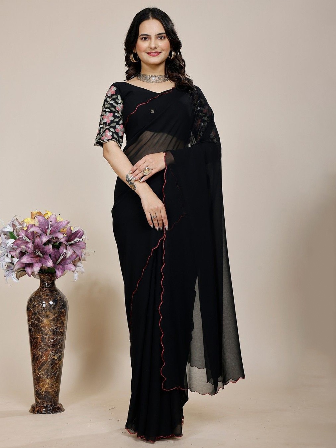 

K 5 Fashion Embroidered Pure Georgette Saree, Black