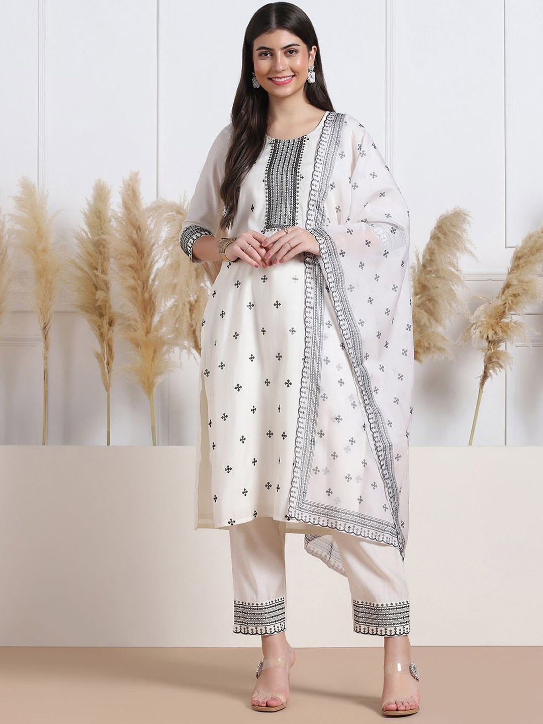 

Sangria Floral Printed Thread Work Straight Kurta With Trouser And Dupatta, White