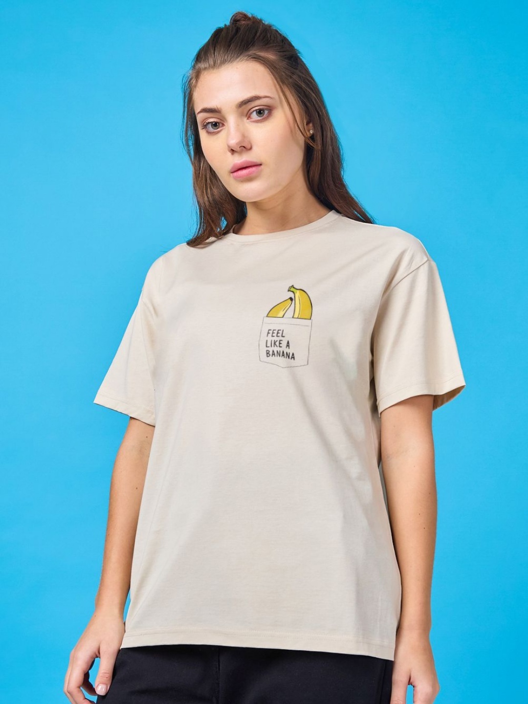 

Mast & Harbour Women Graphic Printed Round Neck Cotton T-shirt, Cream
