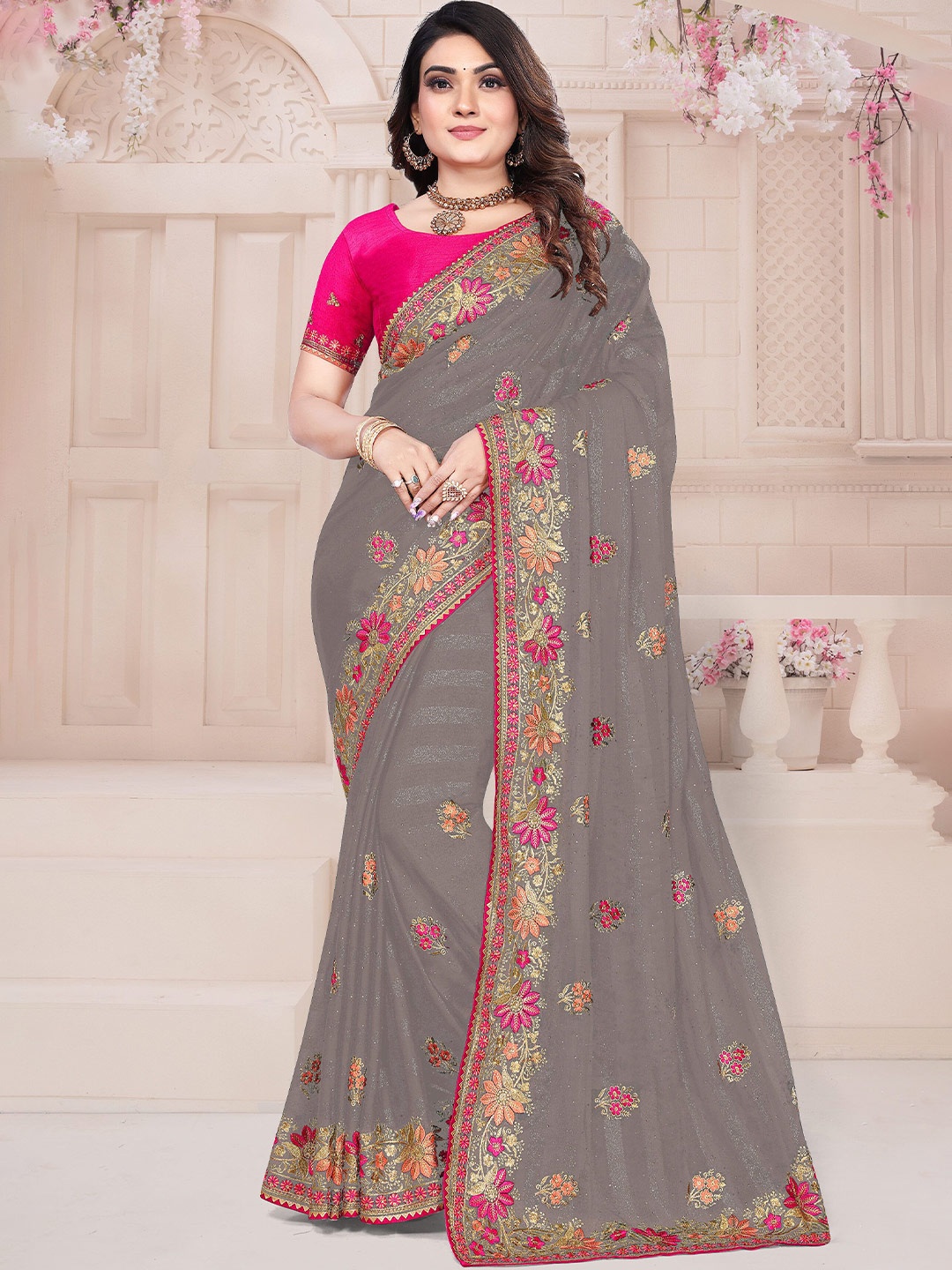 

KHRITI FAB Embellished Embroidered Silk Blend Designer Saree, Brown