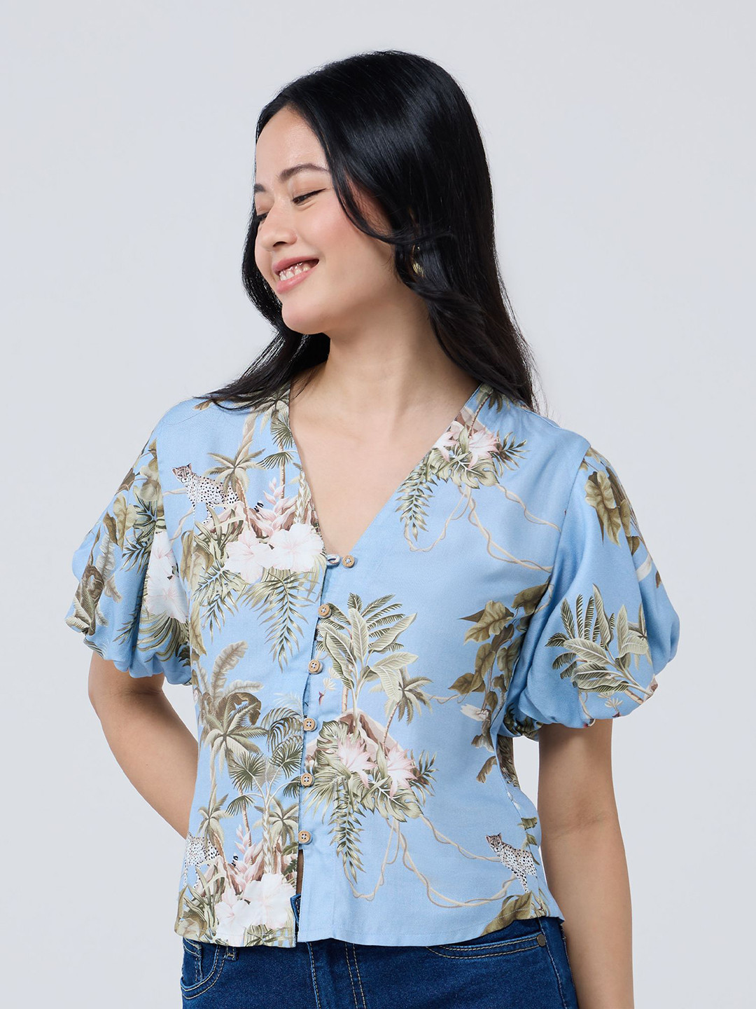 

20Dresses Floral Print Puff Sleeve Top, Blue