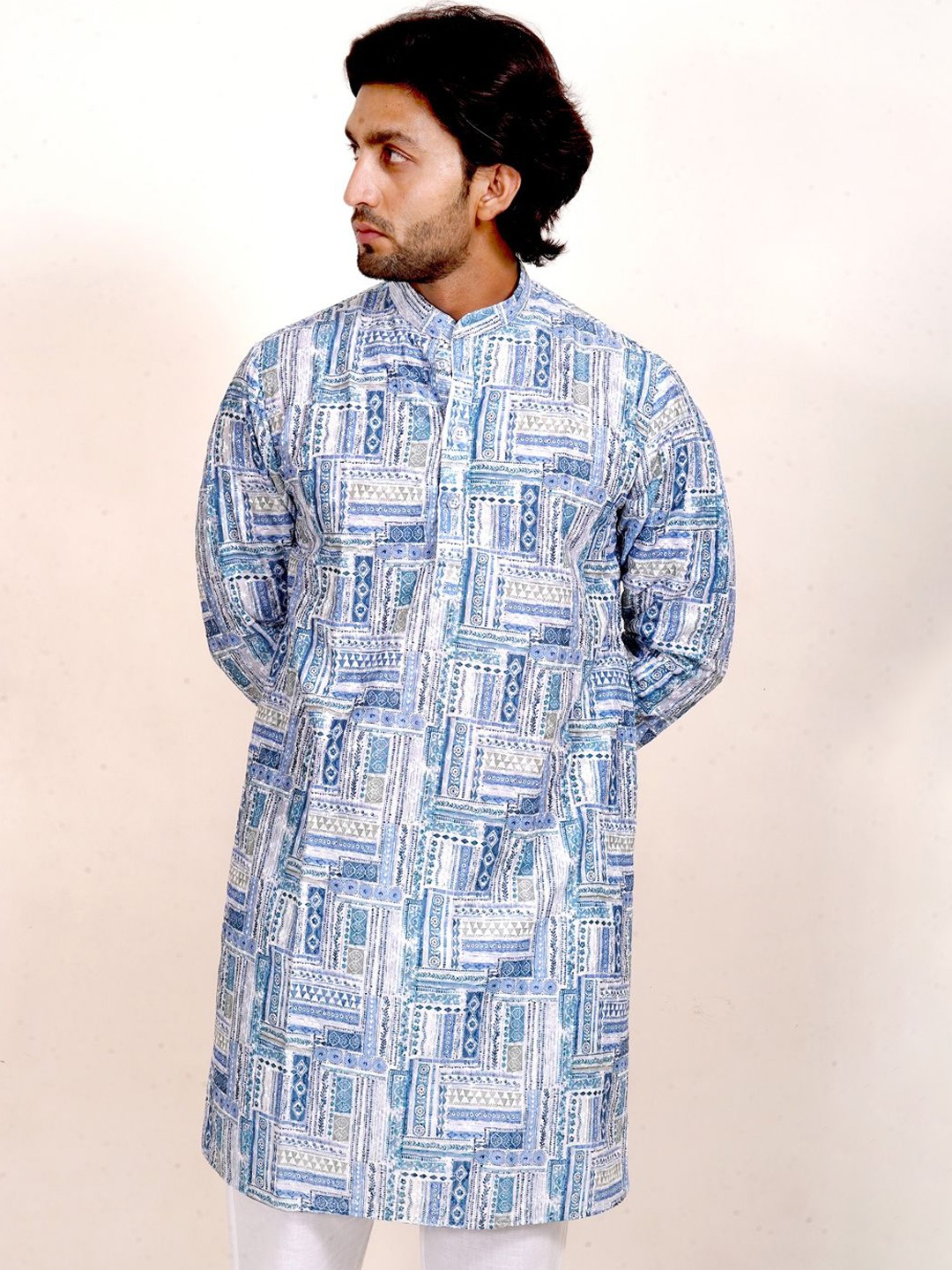 

The Kurta Studio Geometric Printed Mandarin Collar Cotton Straight Kurta, Blue
