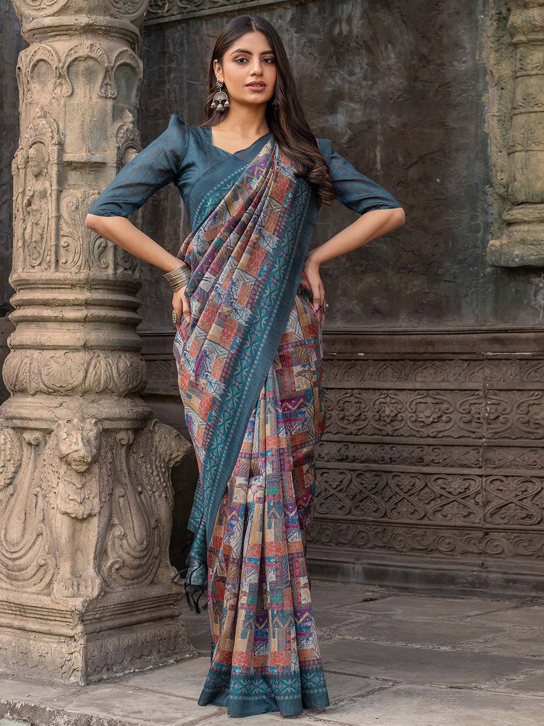 

Mitera Ethnic Motifs Silk Cotton Designer Sungudi Saree, Teal