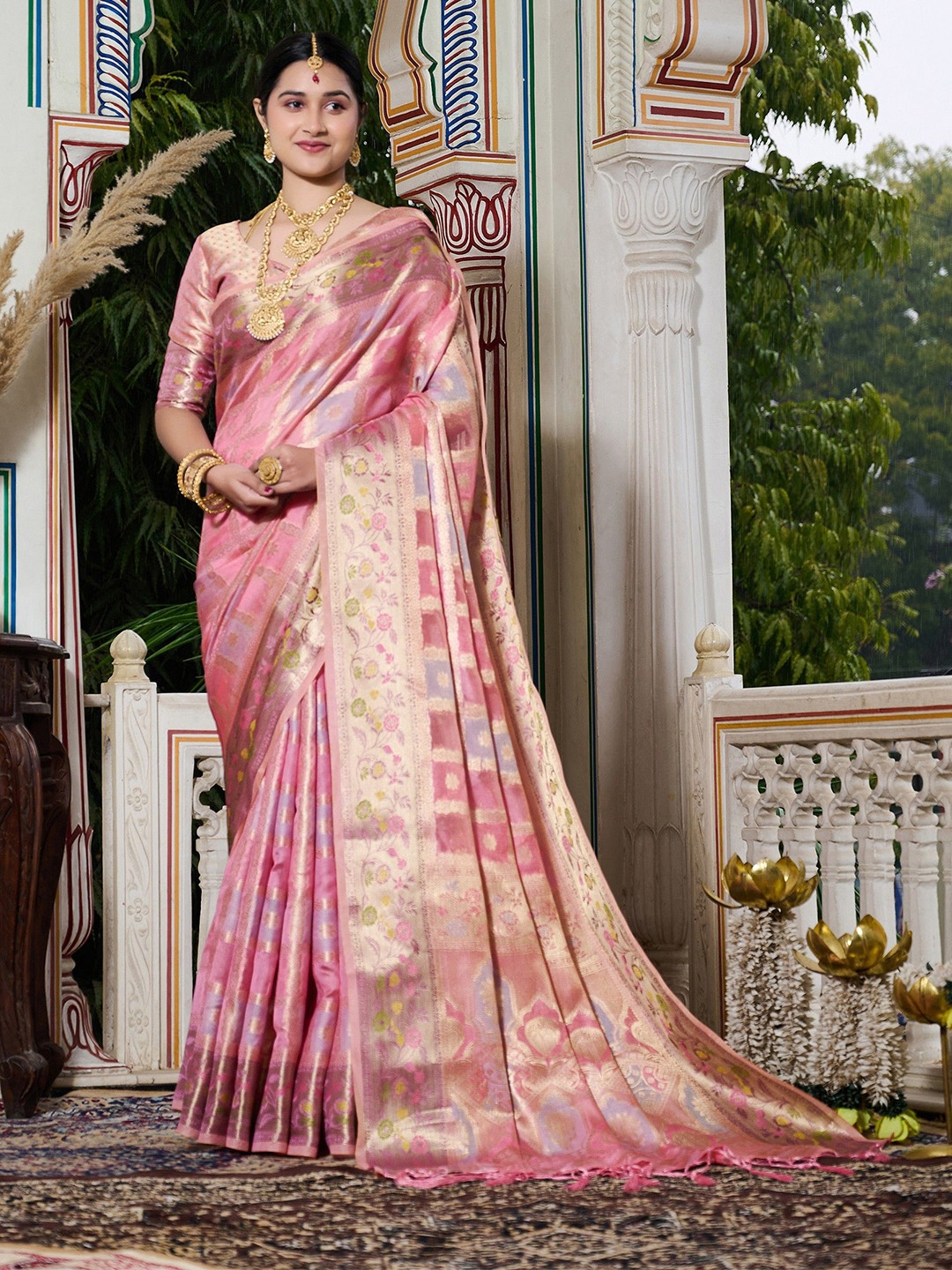 

K 5 Fashion Woven Design Zari Organza Saree, Pink