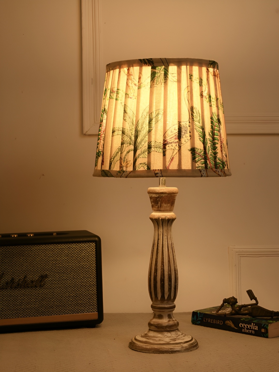 

green girgit Beige & Green Printed Frustum Shaped Wooden Table Lamp With Bulb