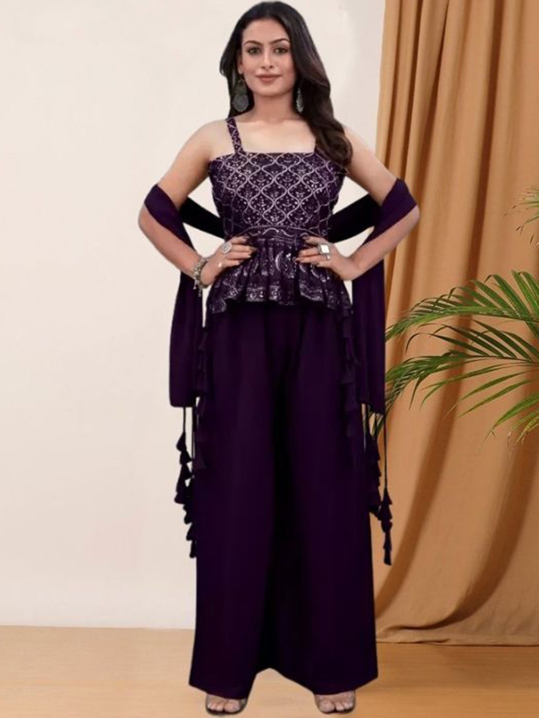 

PARROT CREATION Floral Embroidered Georgette Shoulder Straps Kurti With Palazzos & Dupatta, Purple