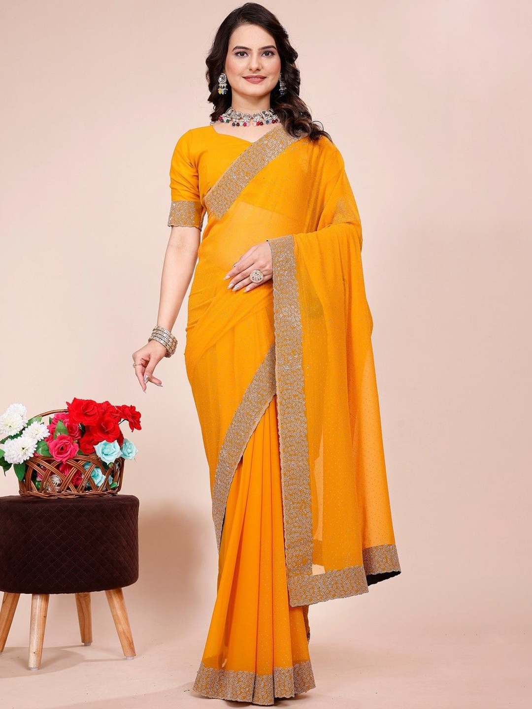 

K 5 Fashion Embroidered Pure Georgette Saree, Mustard