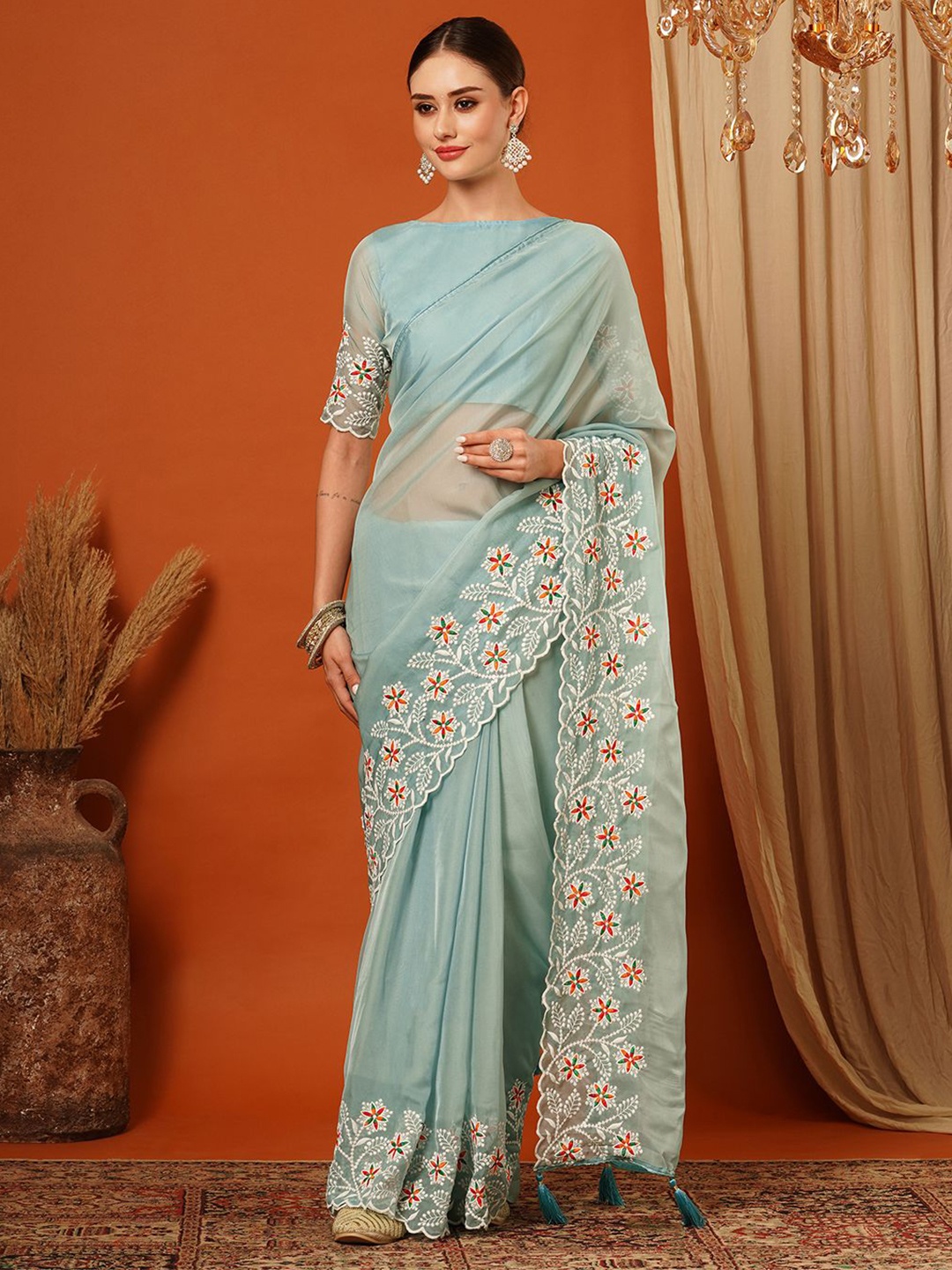

SILKWEAR Embellished Sequinned Organza Heavy Work Saree, Blue