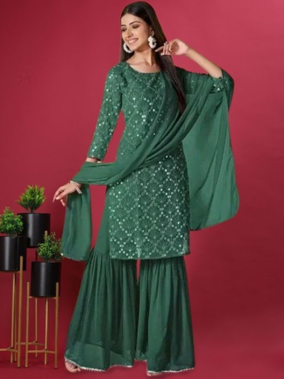 

PARROT CREATION Floral Embroidered Georgette Straight Kurta With Sharara & Dupatta, Green