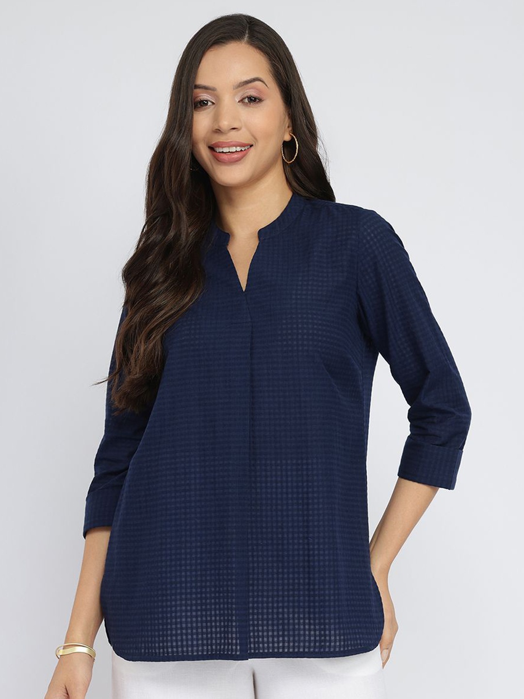 

Pink Fort Women Cotton Solid Band Collar Top - Navy Blue
