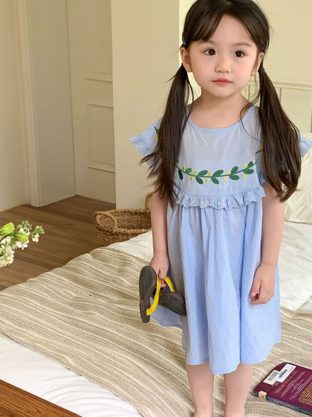 

LULU & SKY Girls Embroidered Cotton Fit and Flare Dress, Blue