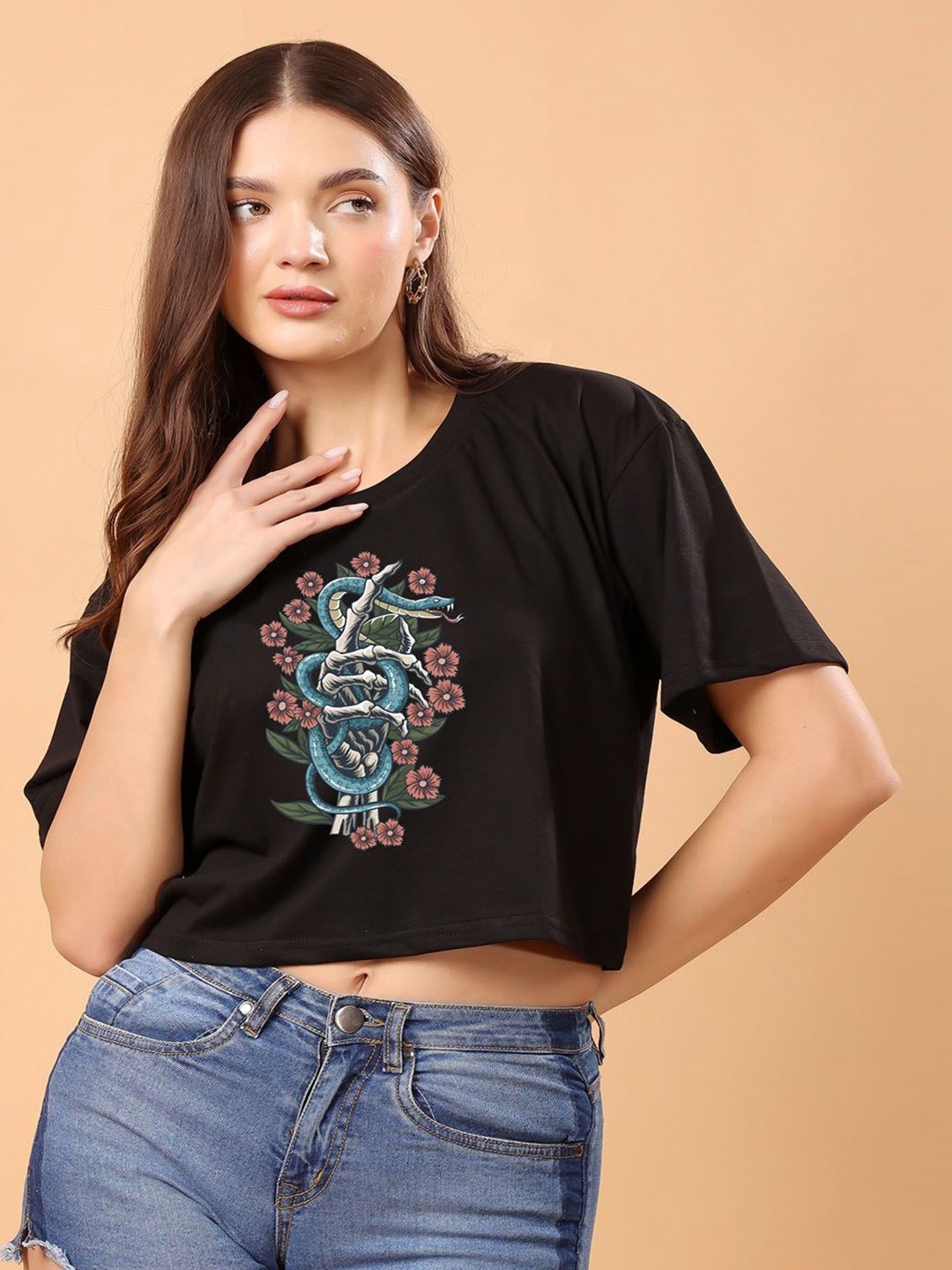 

SWIFTLY Women Bio Finish Graphic Printed Round Neck Cotton Boxy Fit T-shirt, Black