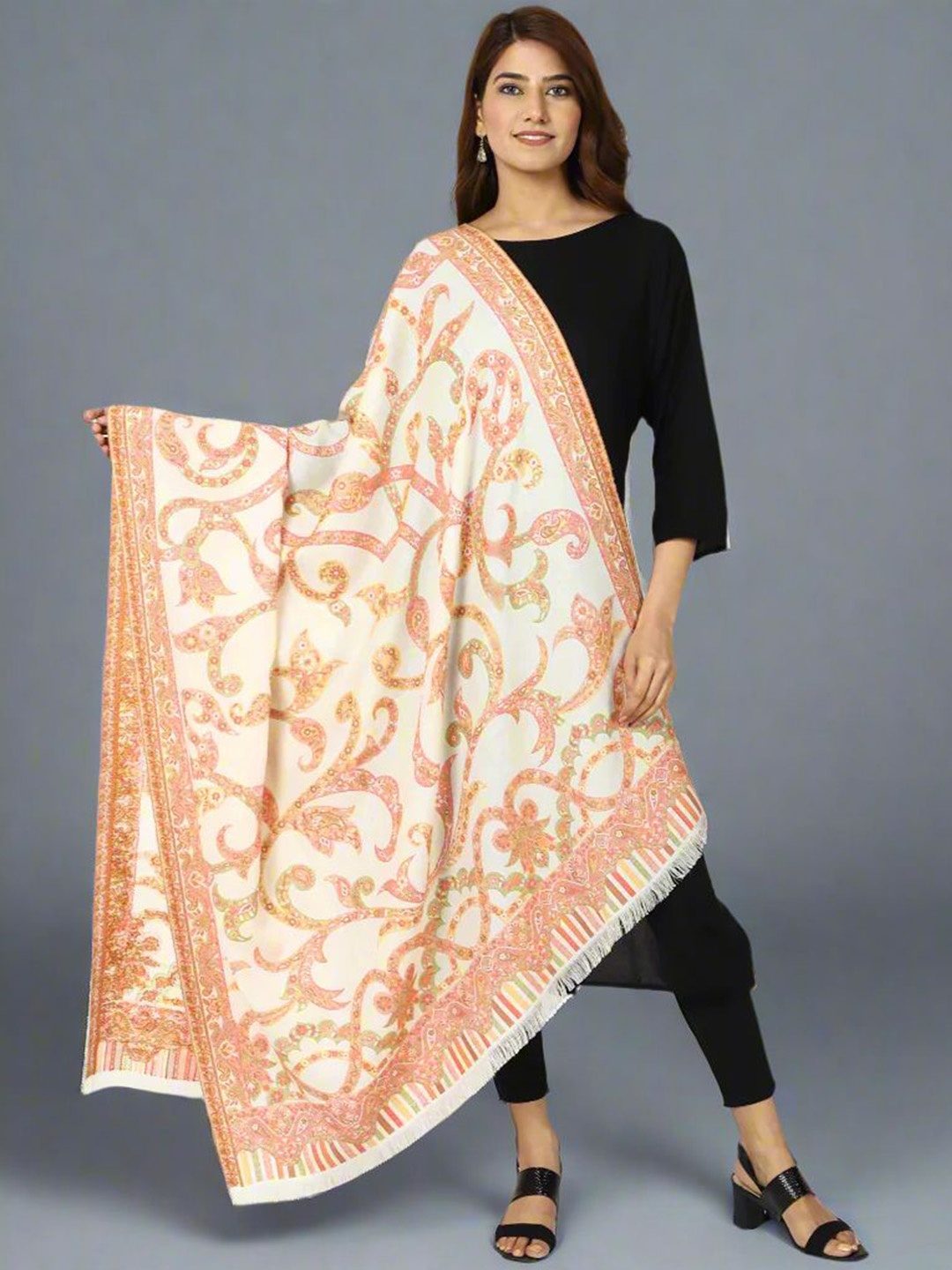 

SWI Stylish Floral Woven Design Woollen Shawl, White