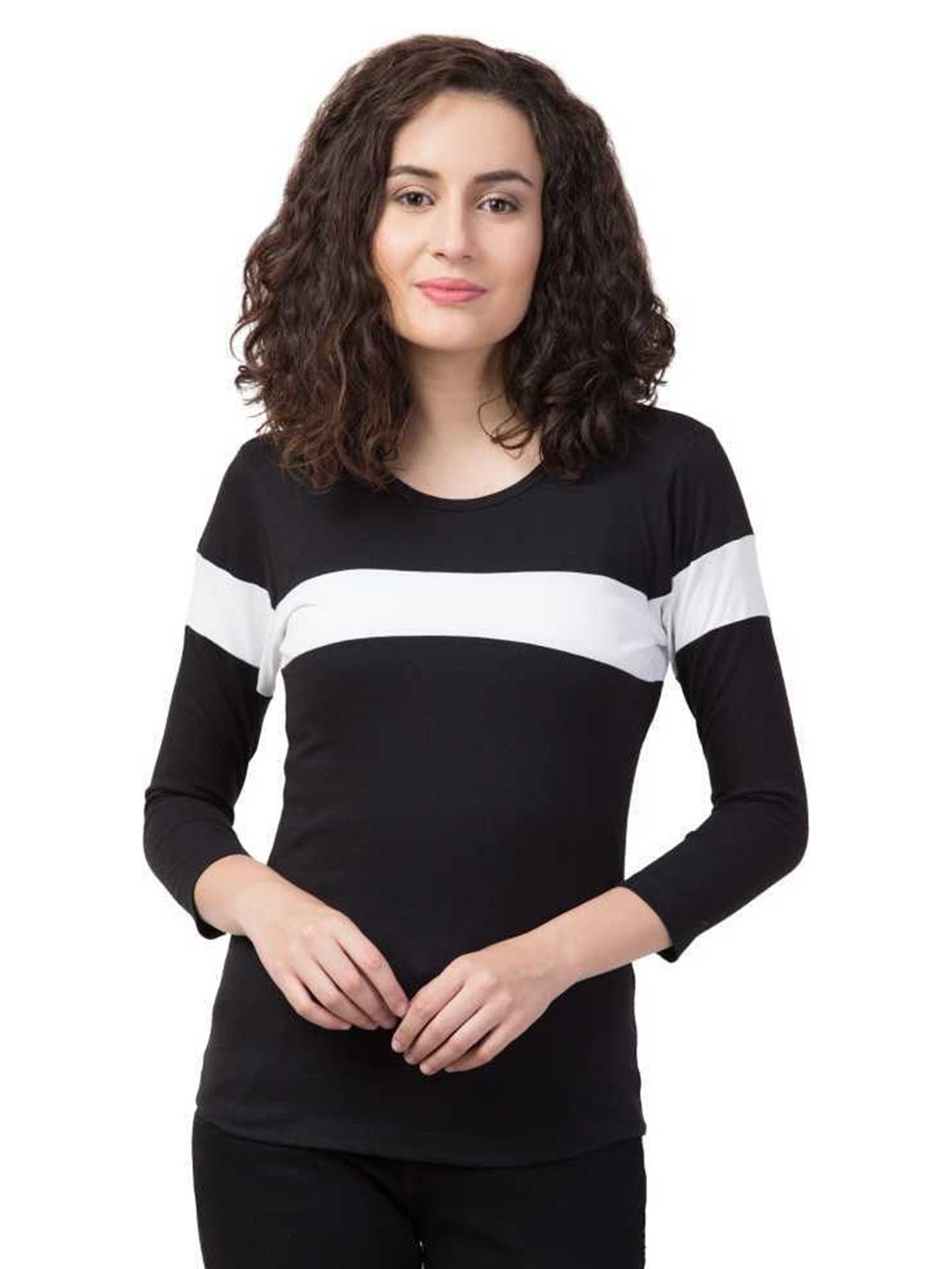 

CLOTHY Women Colourblocked Extended Sleeves Cut Outs T-shirt, Black