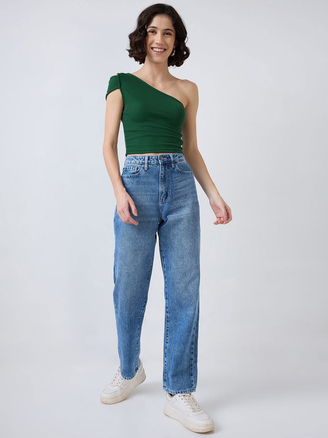 

SZN One Shoulder Flutter Sleeve Crop Top, Green