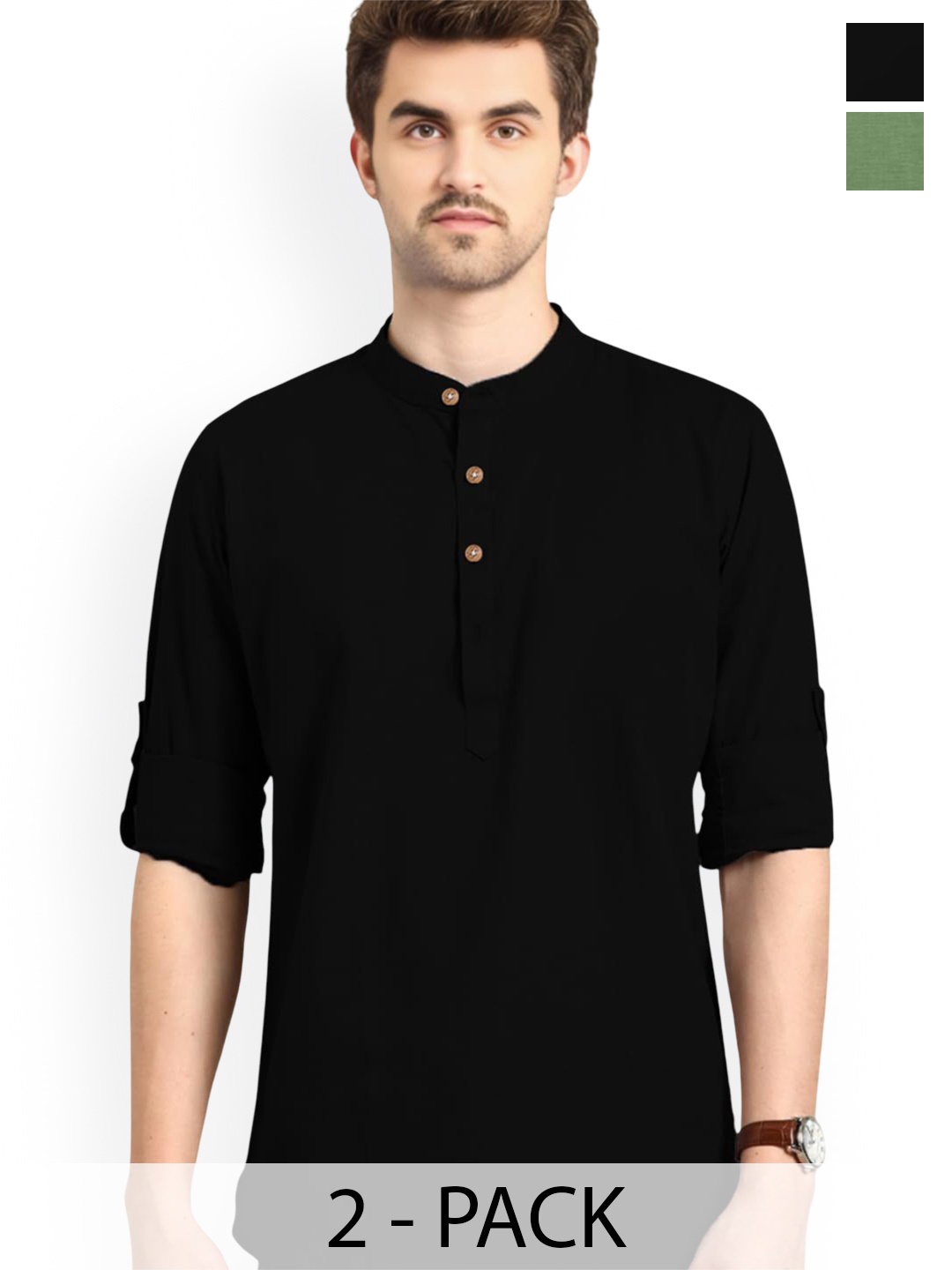 

Vida Loca Selection Of 2 Band Collar Cotton Straight Short Kurtas, Black