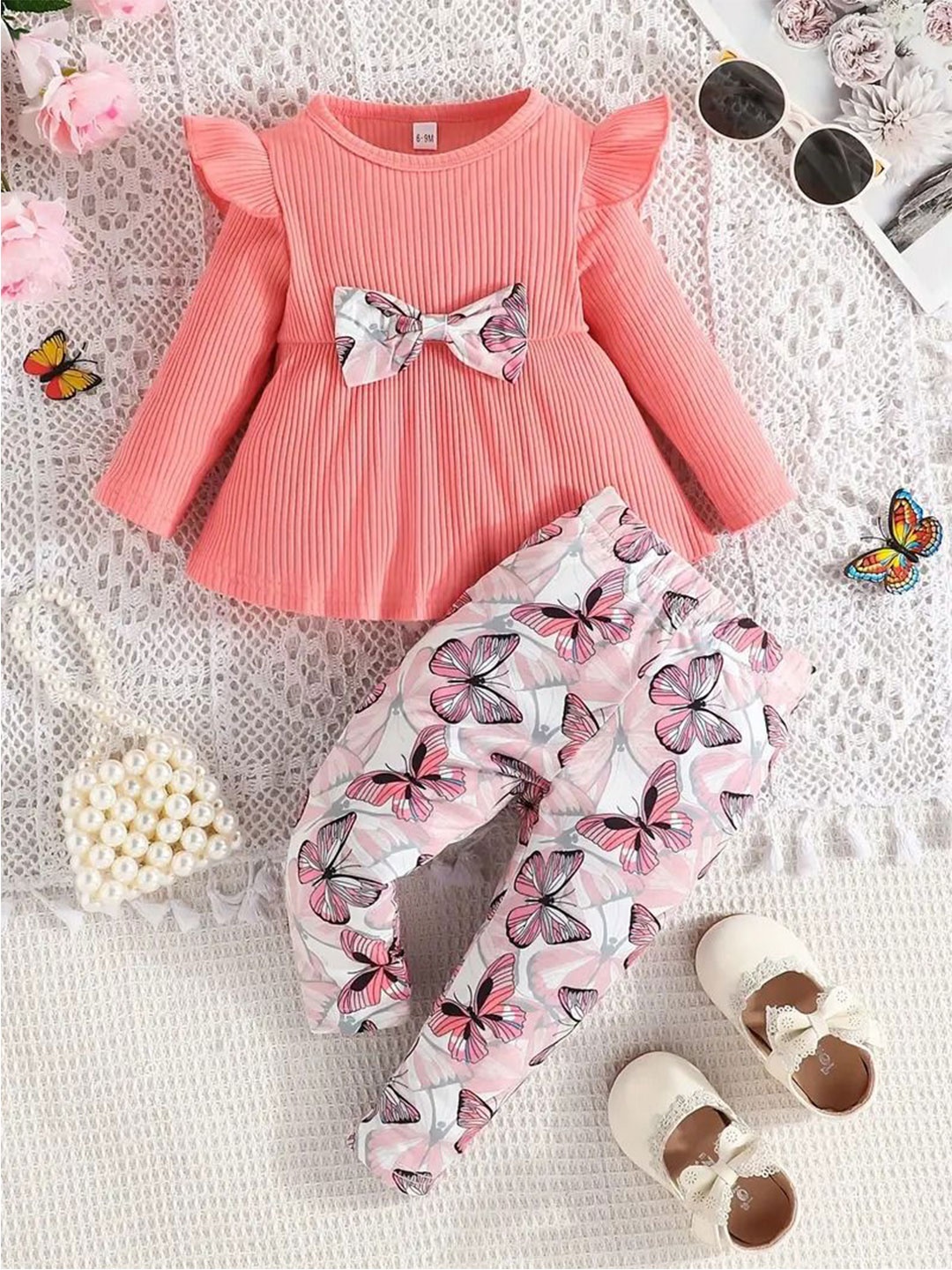 

AVOVU Girls Floral Printed Round Neck Bow Top And Trouser, White