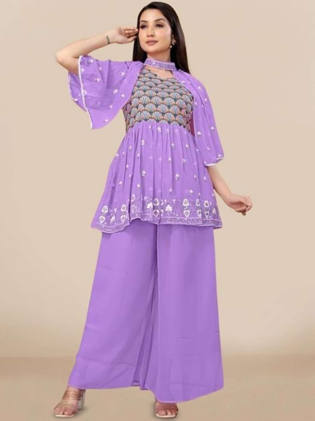 

PARROT CREATION Floral Embroidered Pleated Georgette A-Line Kurti with Palazzos & Cape, Lavender