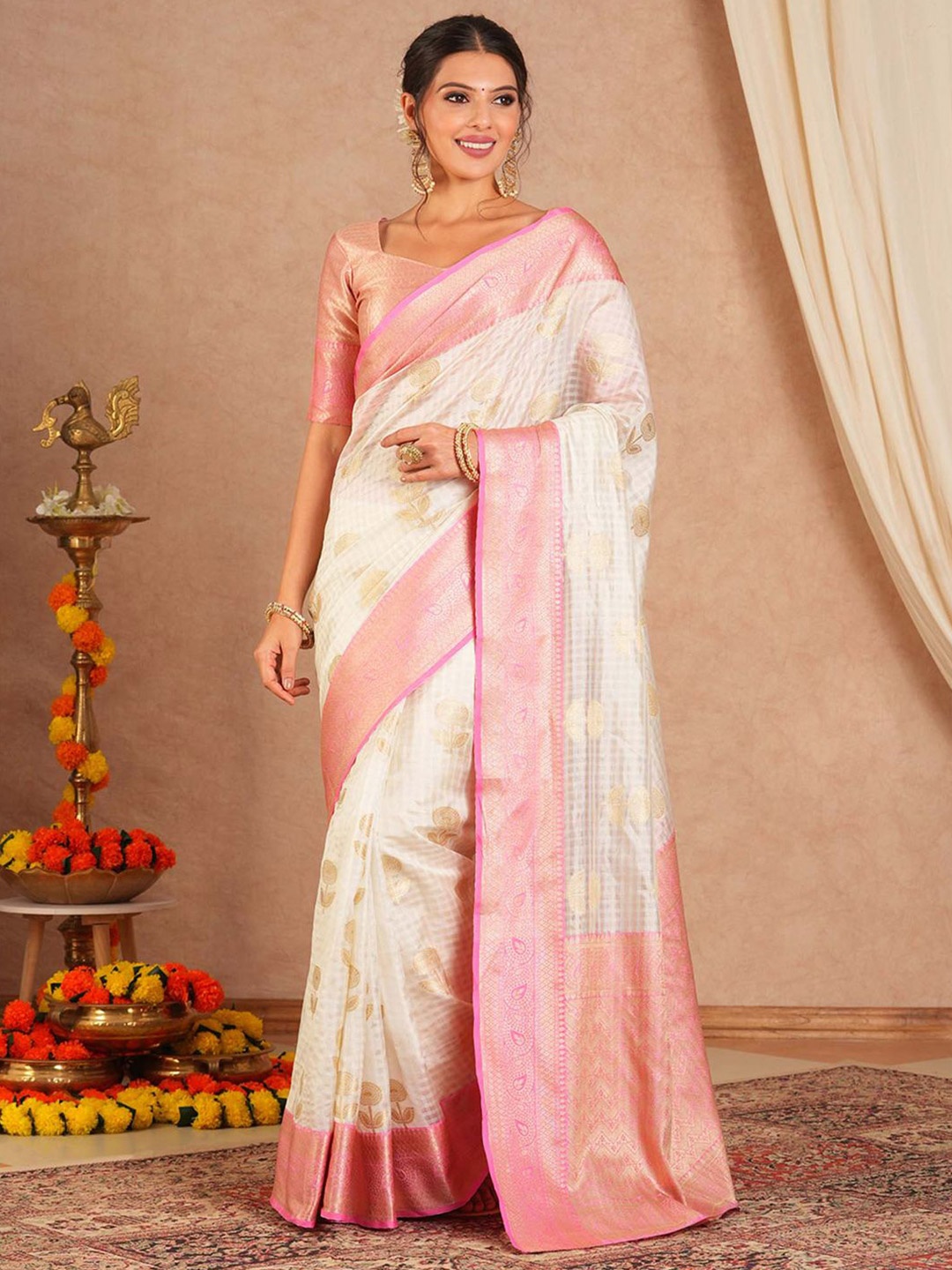 

Saree mall Ethnic Motifs Zari Sungudi Sarees, Off white