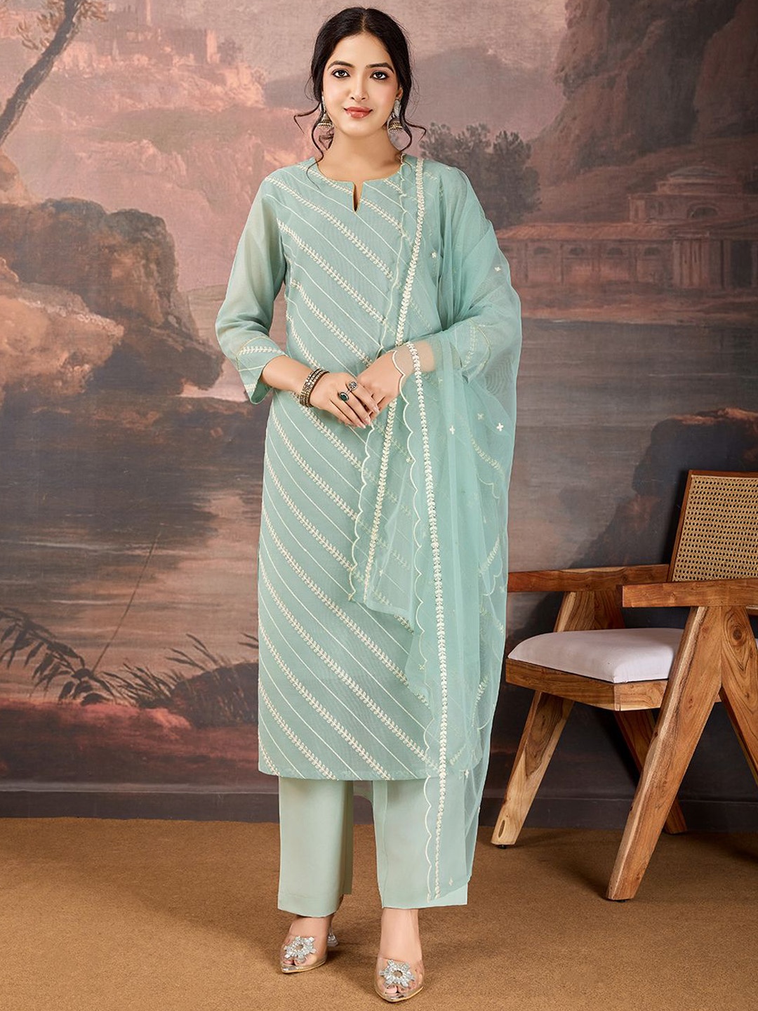 

House of Pataudi Sequined Embroidered Notch Neck Straight Kurta & Trousers With Dupatta, Green