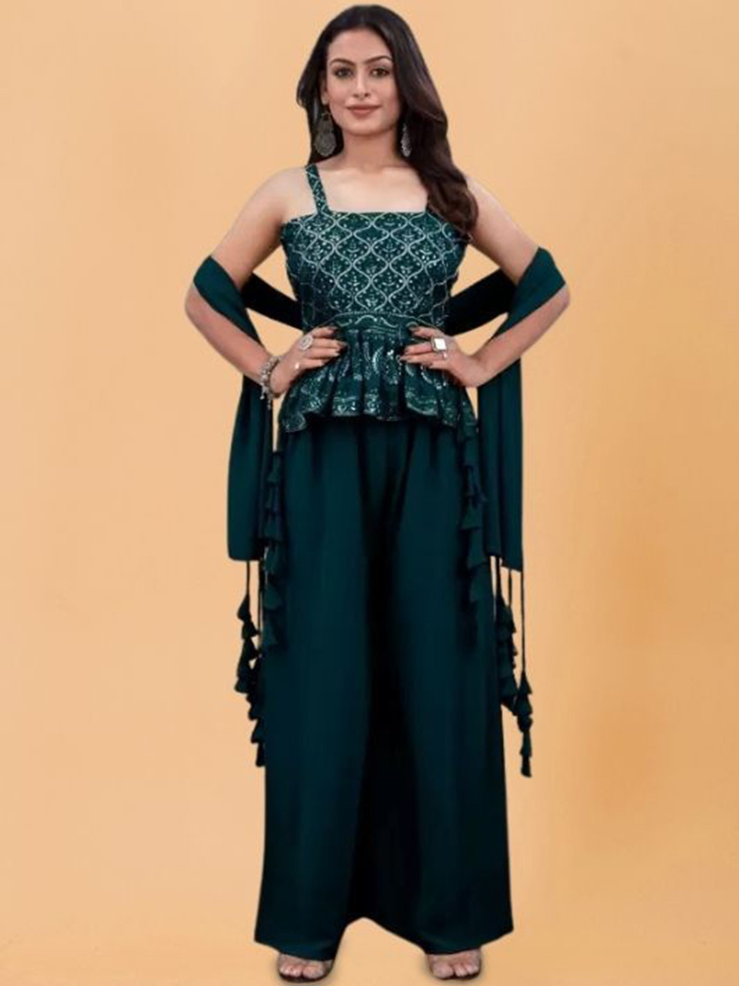 

PARROT CREATION Ethnic Motifs Embroidered Georgette A-Line Kurti With Palazzo And Dupatta, Teal