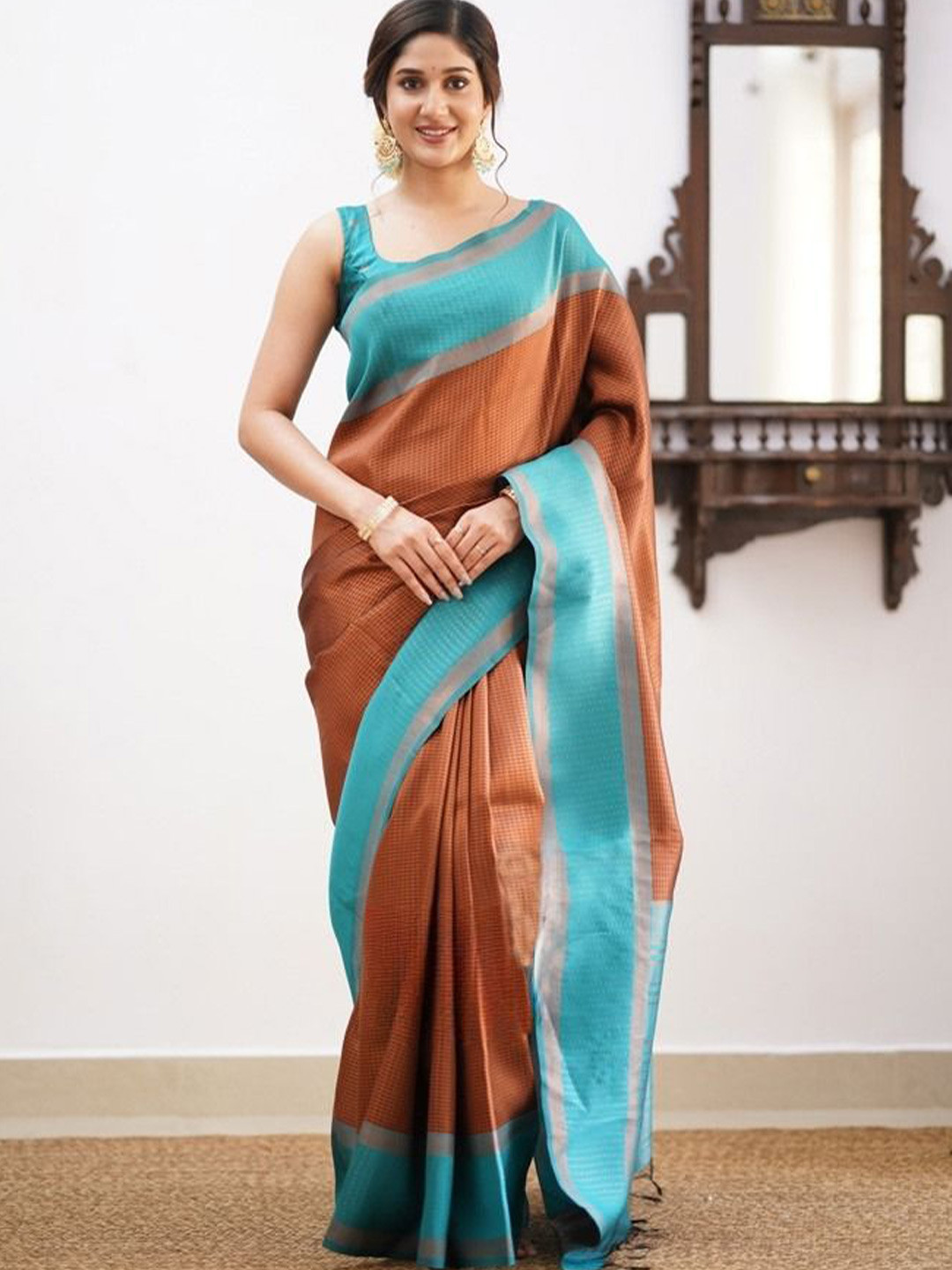 

LADY SHOPI Woven Design Zari Pure Silk Banarasi Saree, Brown