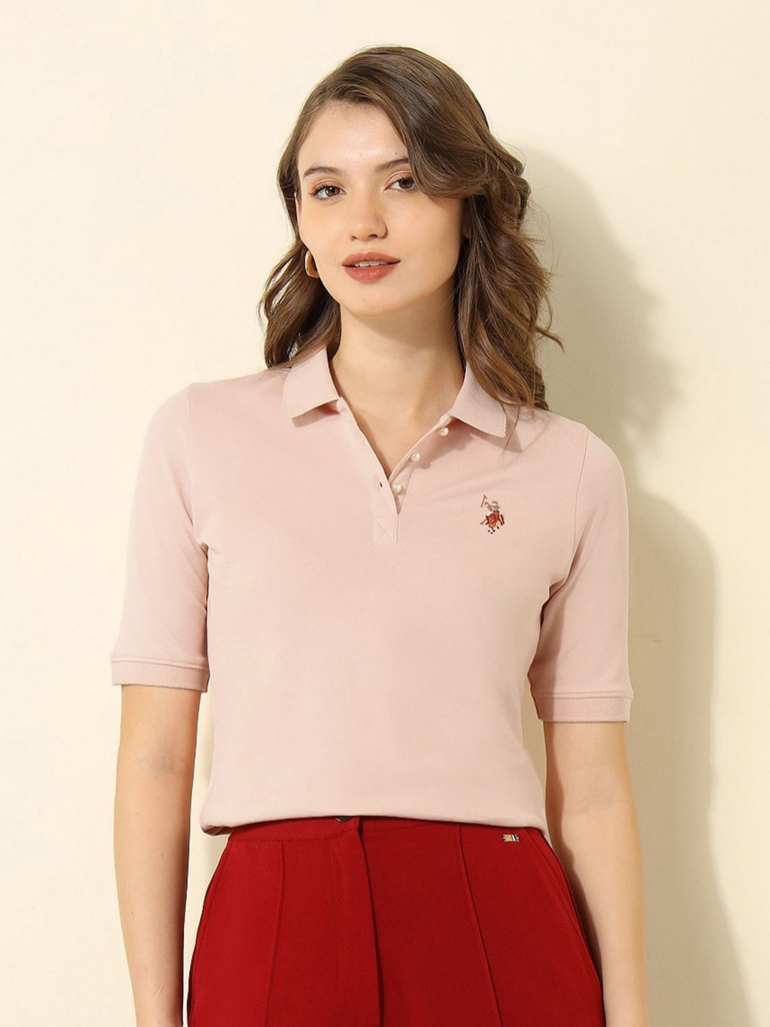 

U.S. Polo Assn. Women Solid Polo Collar Cotton T-shirt, Beige