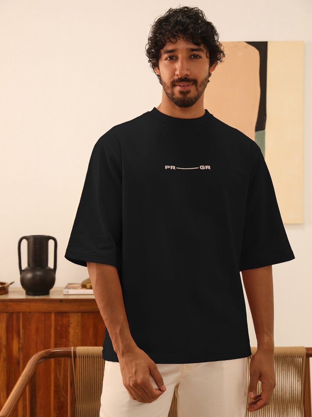 

PRIMAL GRAY Men Typography Printed Round Neck Cotton Relaxed Fit T-shirt, Black