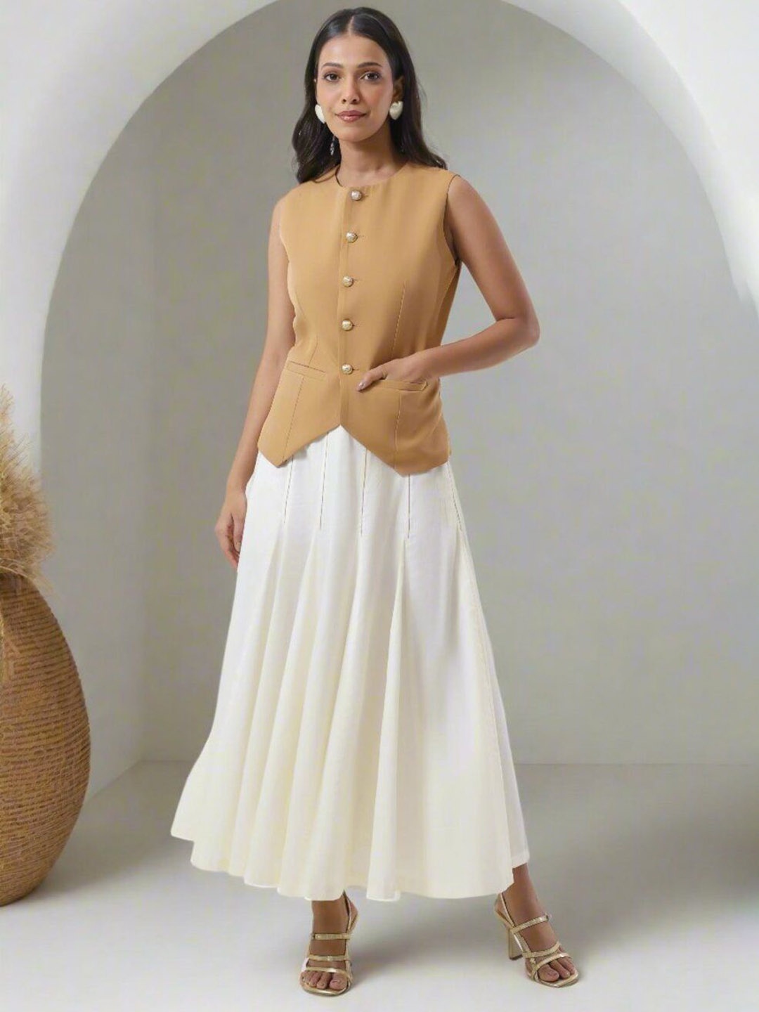 

YA-SA Pleated A-Line Maxi Skirts, Cream