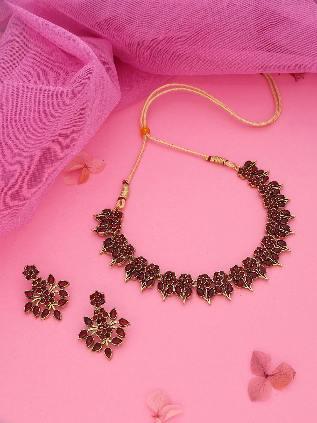 

Lyriss ASTER Gold-Plated American Diamond Studded Floral Shaped Jewellery Set, Maroon