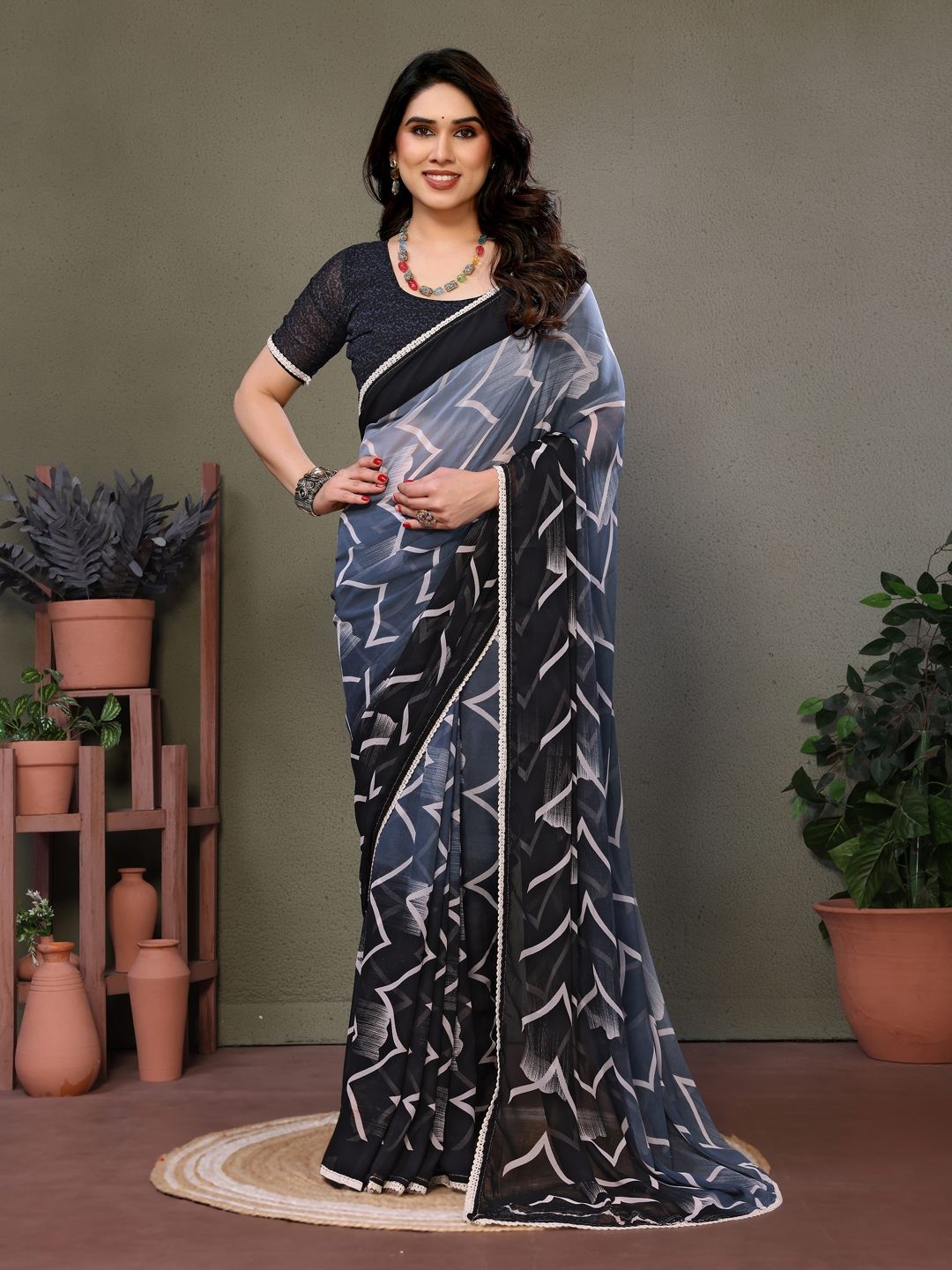 

SILKWEAR Pure Georgette Block Print Saree, Grey