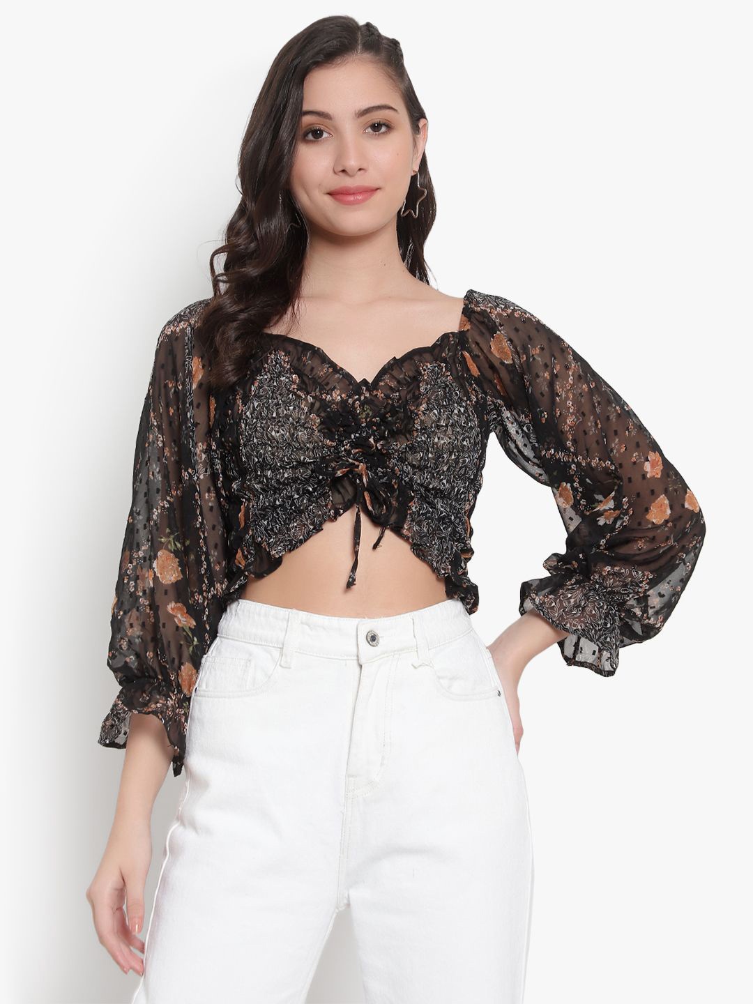 

PYRAMID FASHIONS Floral Print Puff Sleeve Georgette Wrap Crop Top, Black