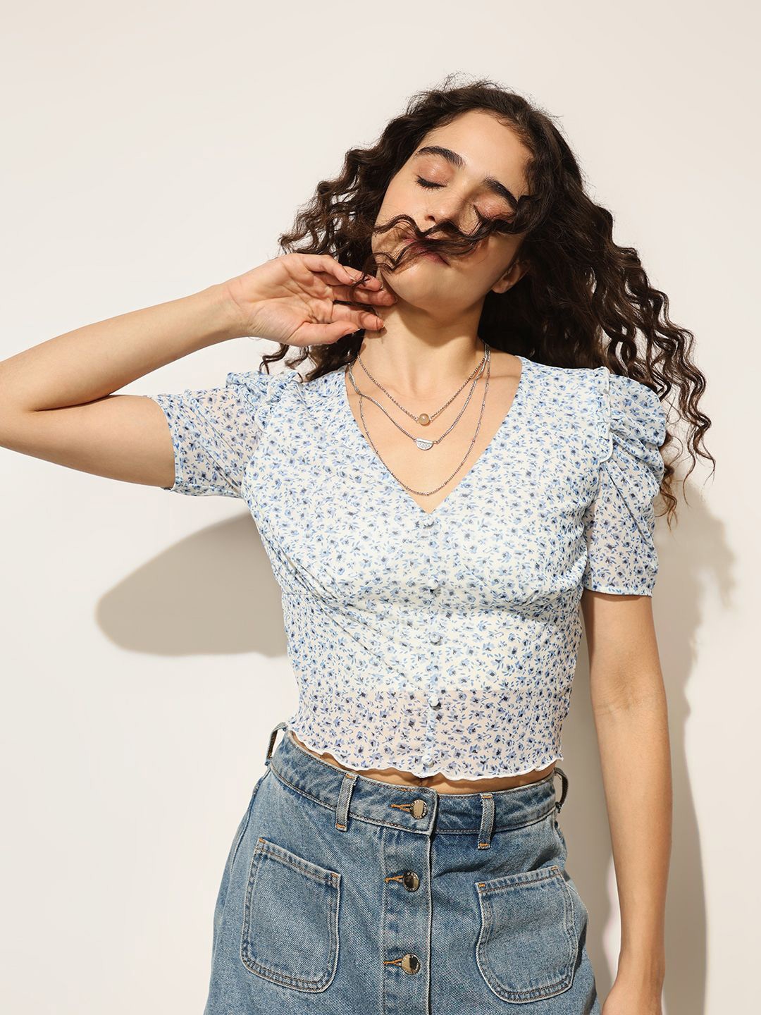 

ONLY Floral Print Puff Sleeve Net Blouson Crop Top, Blue