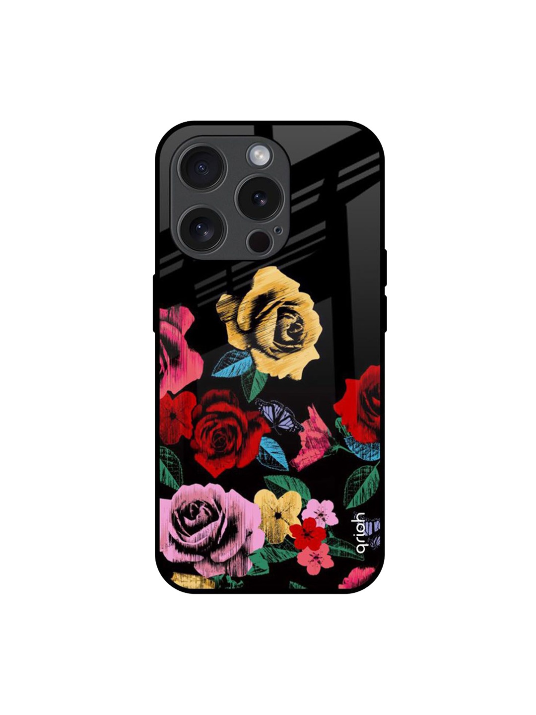 

QRIOH Floral Printed iPhone 15 Pro Back Case Mobile Accessories, Black