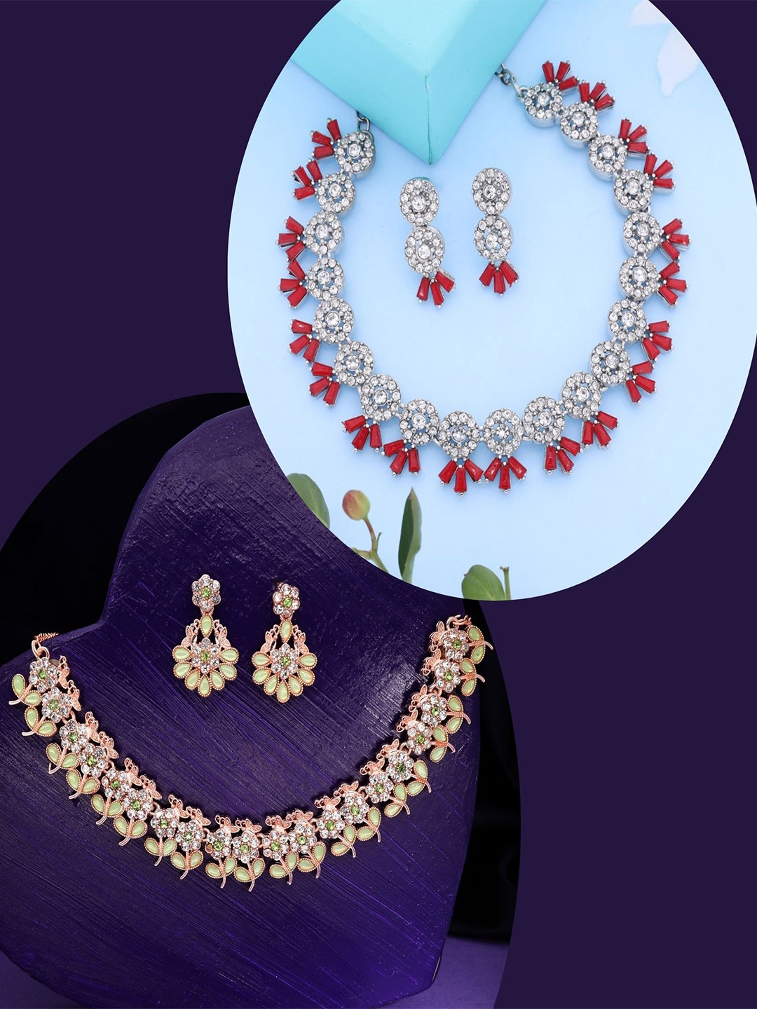 

DIVASTRI Pahal Set Of 2 Silver-Plated AD Studded Jewellery Set