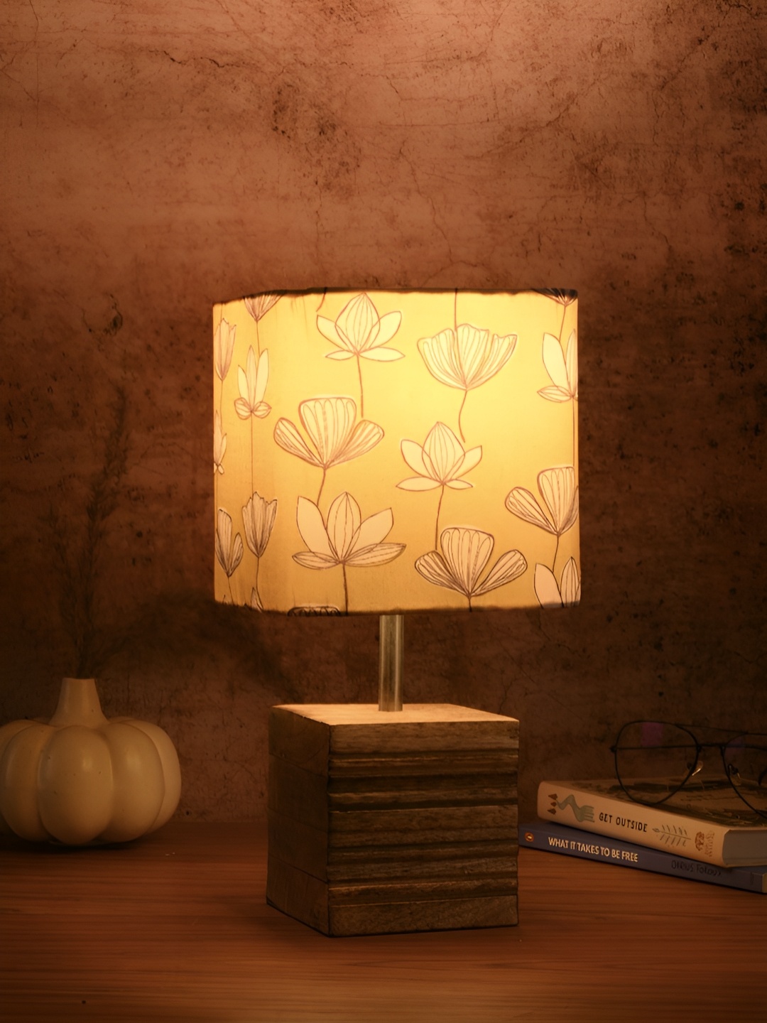 

green girgit Mustard Printed Cylindrical Shaped Wooden Table Lamp With Bulb