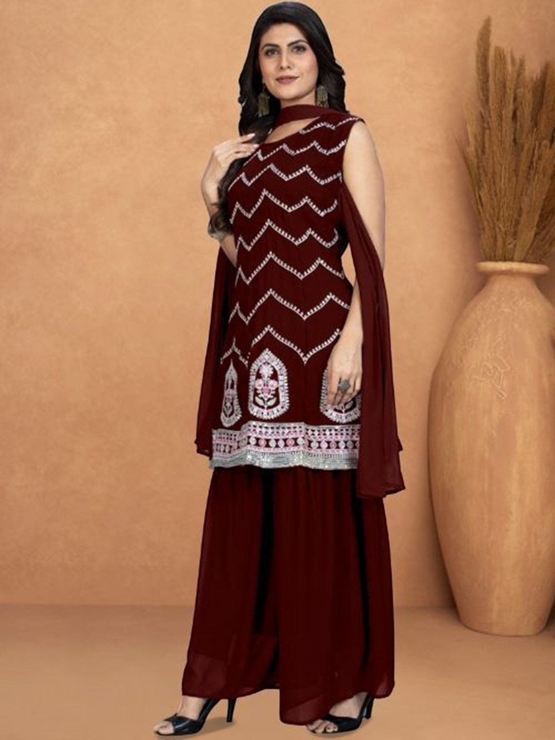 

PARROT CREATION Floral Embroidered Sequinned Georgette A-Line Kurti With Sharara & Dupatta, Maroon