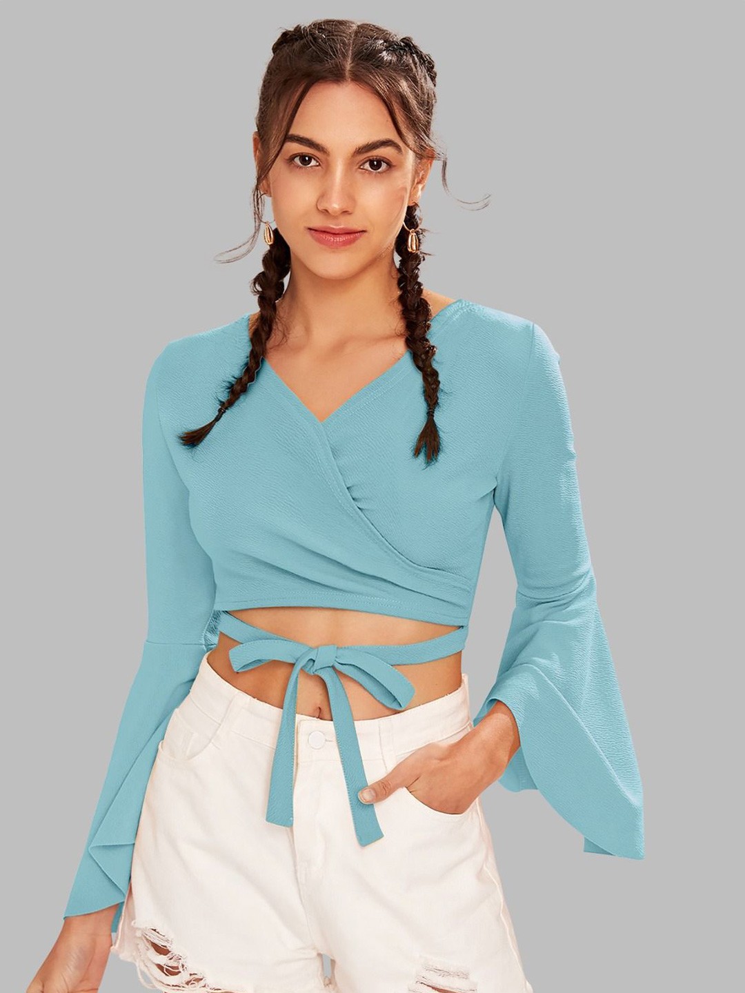 

DHUNKI Bell Sleeve Blouson Crop Top, Lime green