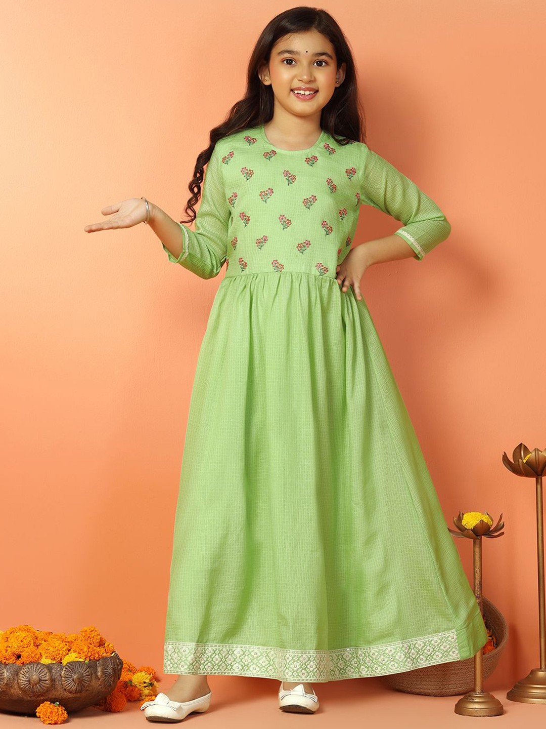 

Sangria Girls Embroidered Anarkali Maxi Dress, Green