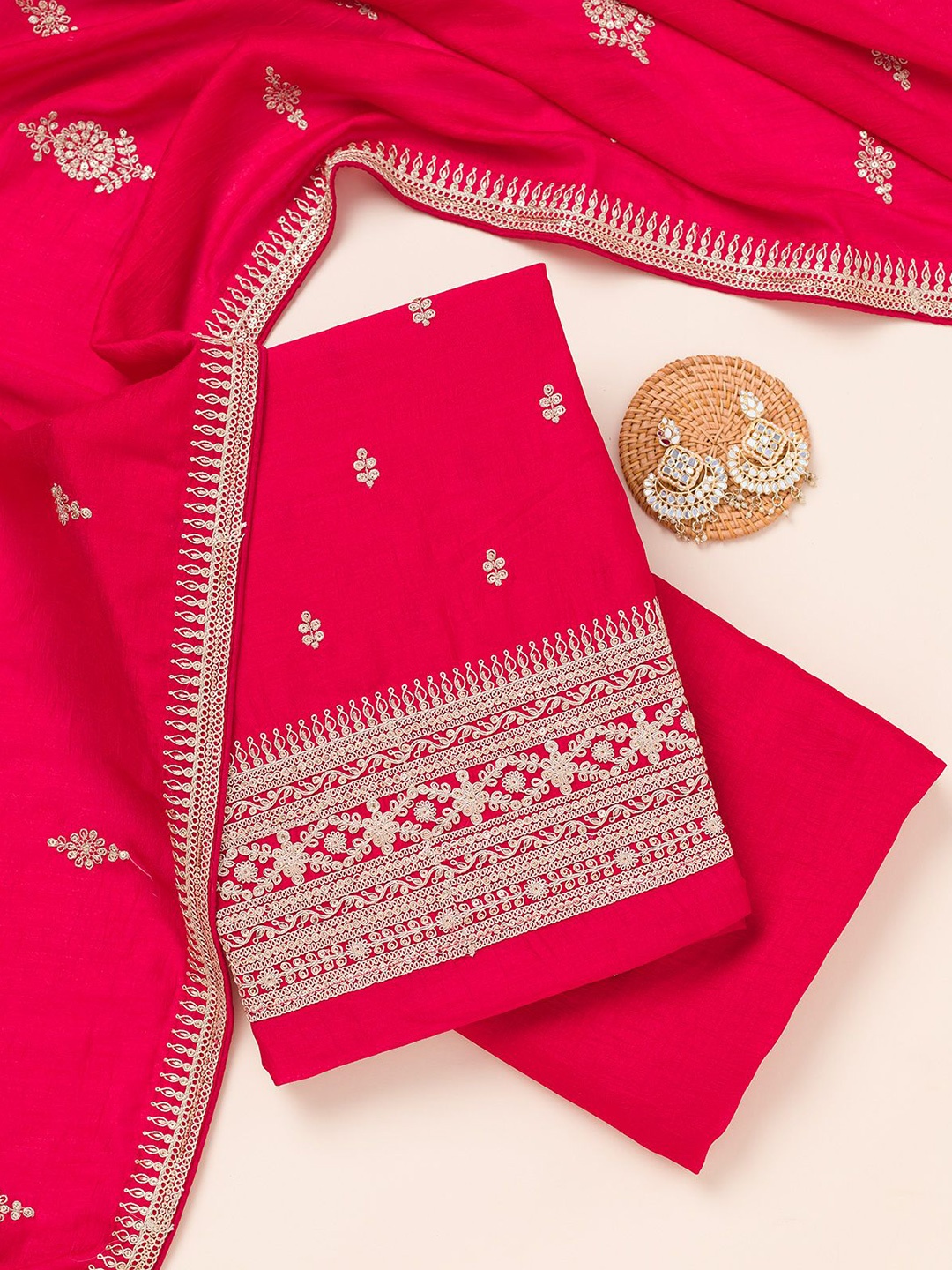 

Koskii Ethnic Motifs Embroidered Sequinned Art Silk Unstitched Dress Material, Pink