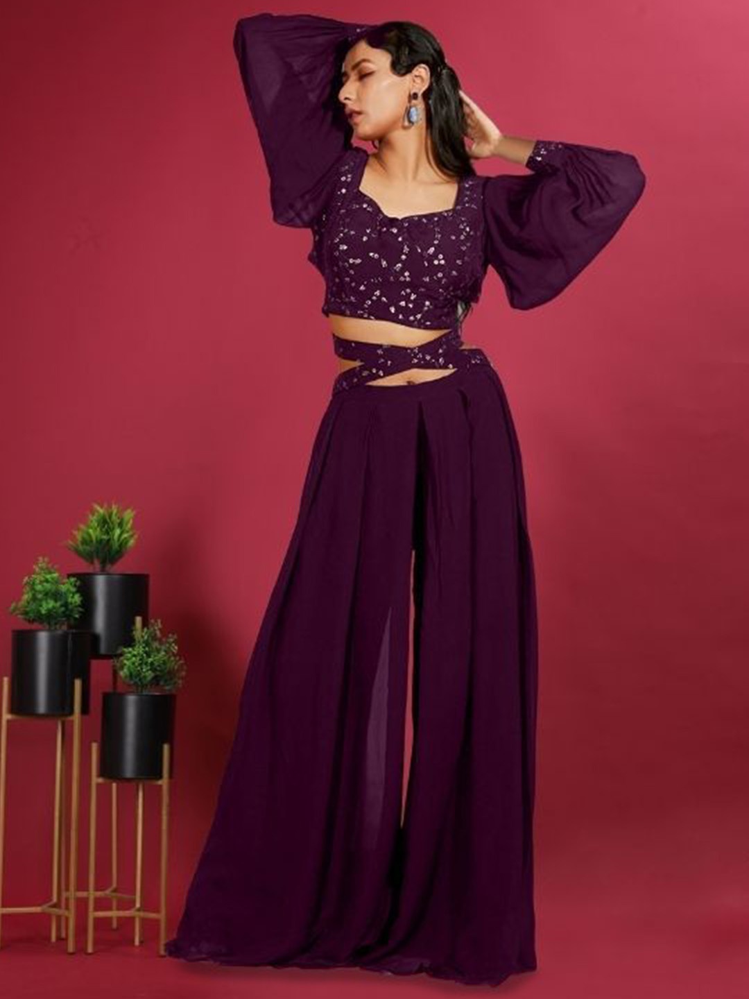 

PARROT CREATION Floral Embroidered Sweetheart Neck Crop Top With Palazzo, Burgundy