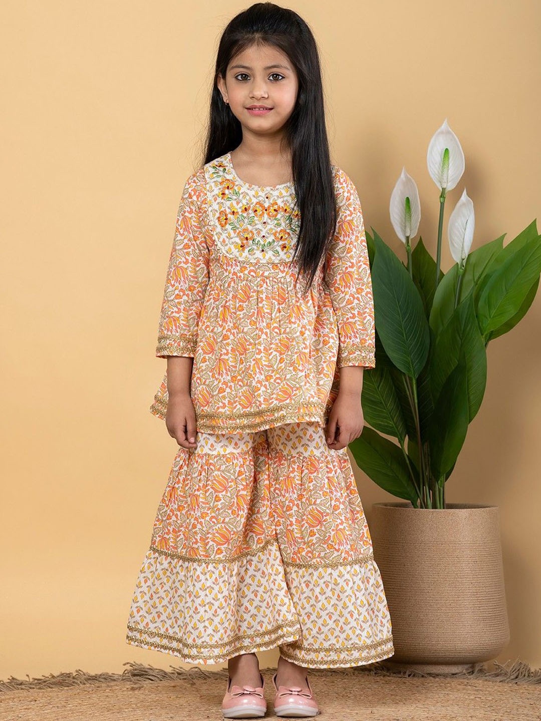 

Readiprint Girls Floral Embroidered Cotton Anarkali Kurti With Sharara, White