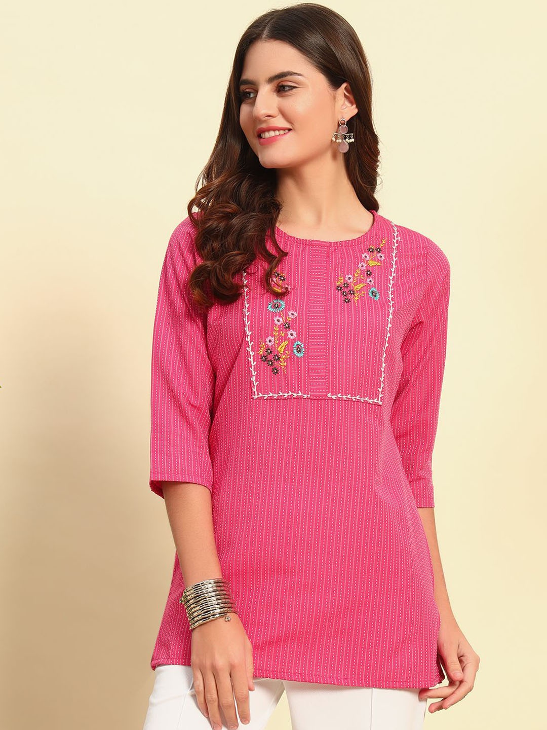 

DIZON Floral Embroidered Round Neck Pure Cotton Top With Trousers, Pink