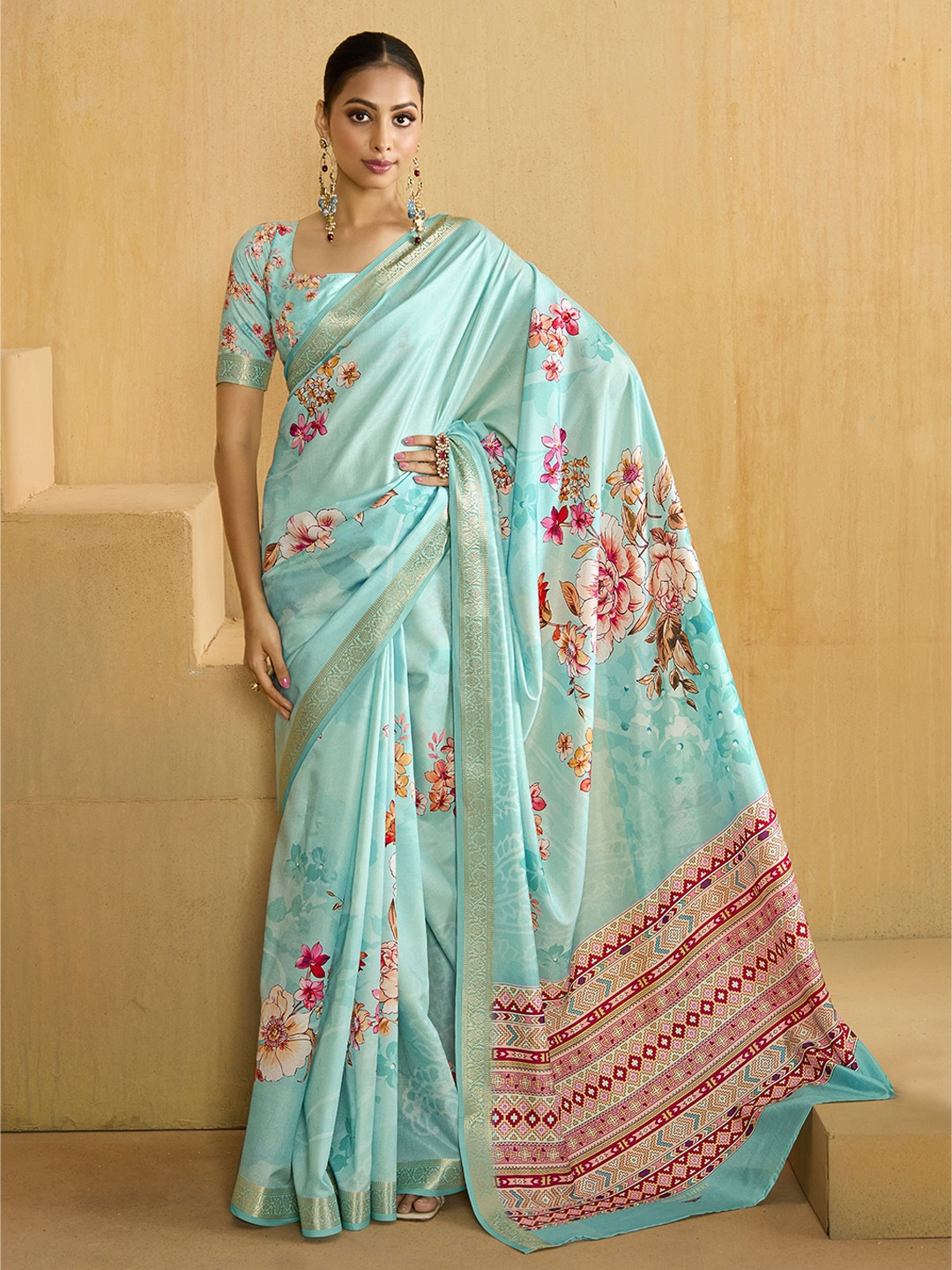 

Sangria Tussar Printed Saree With Blouse Piece, Blue
