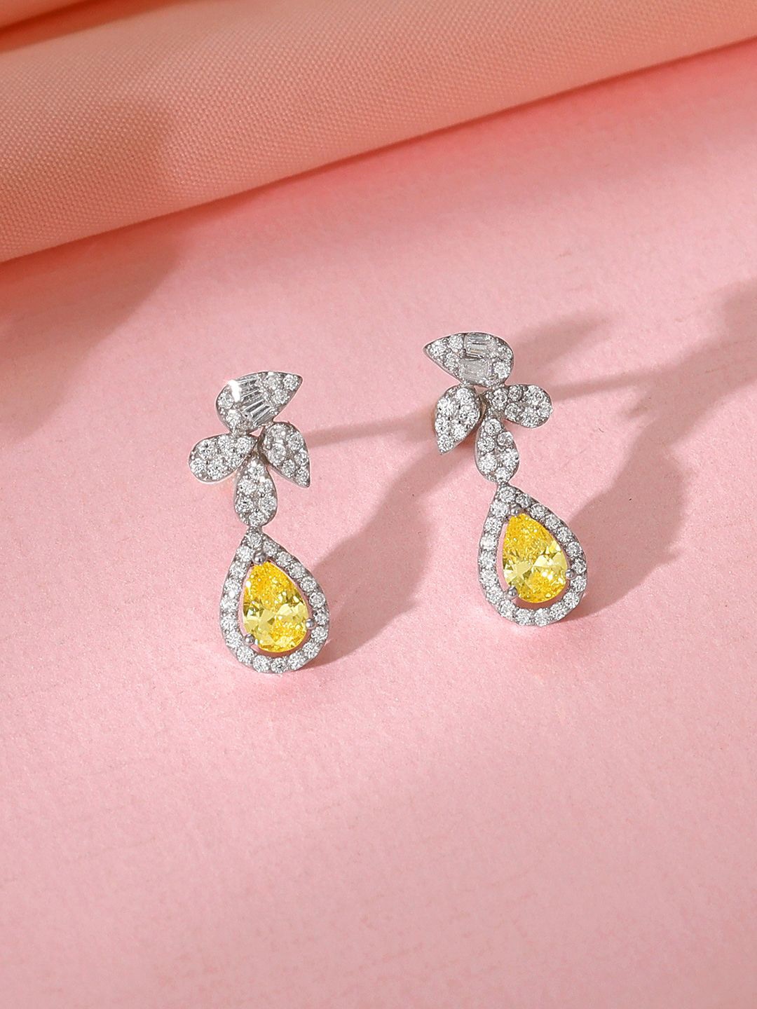 

GIVA Rhodium Plated 925 Sterling Silver Zircon Studded The Fleur Drop Earrings