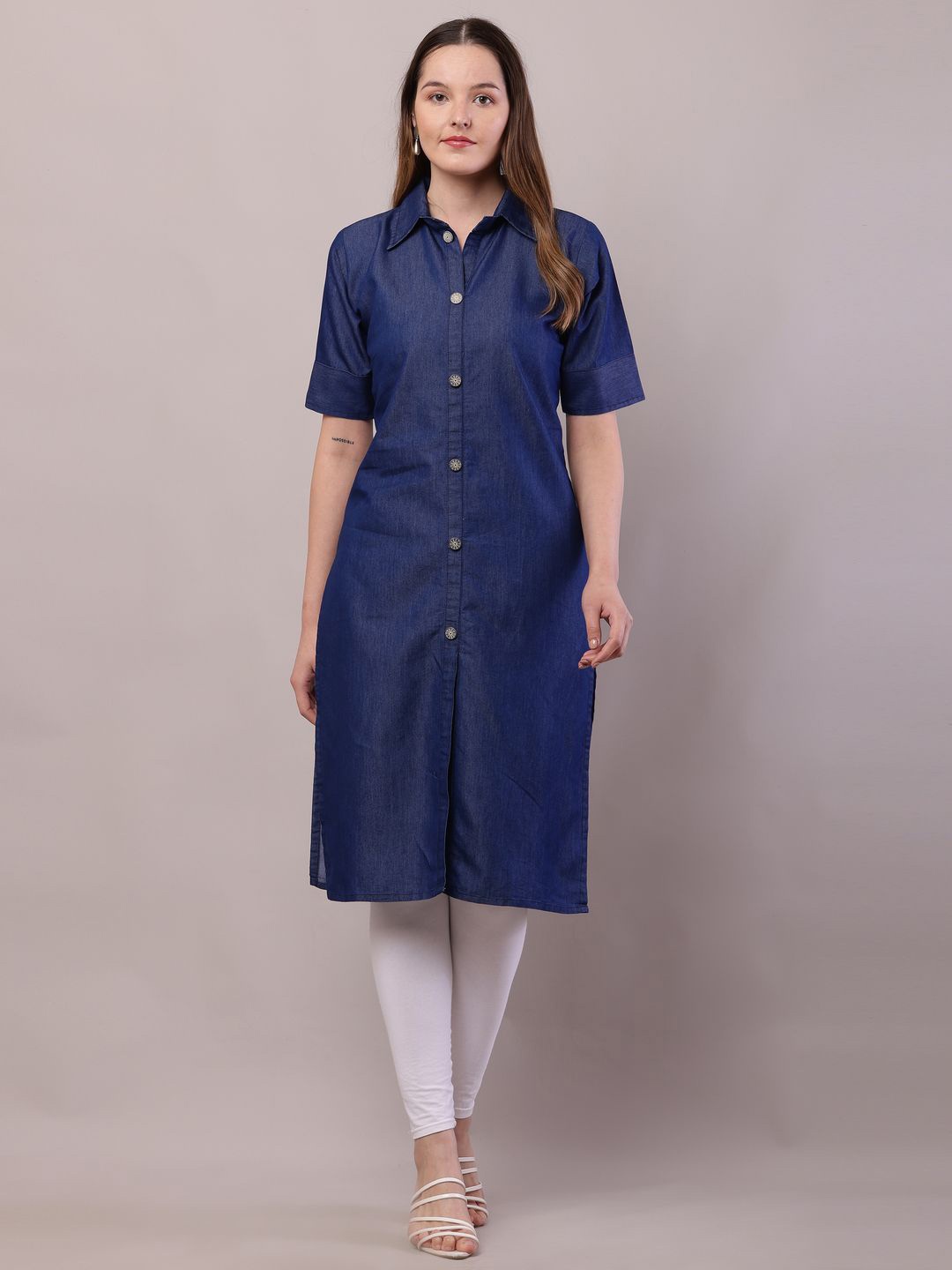 

Sellingsea Denim Shirt Collar Straight Kurta, Blue