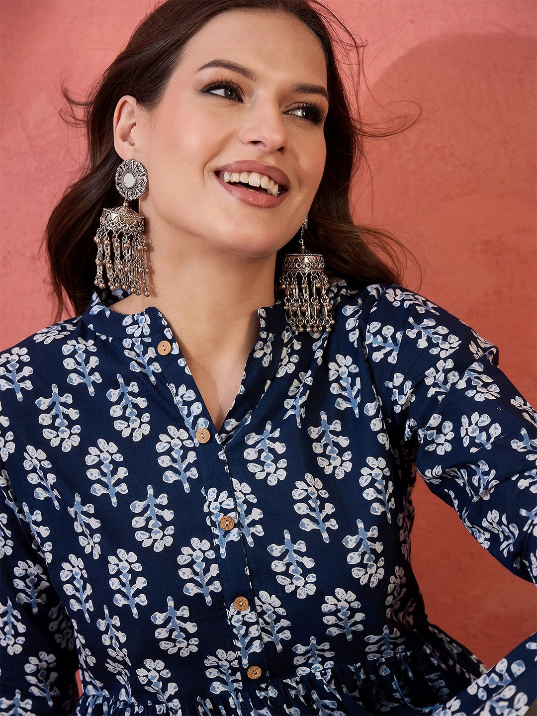 

Sangria Printed Pure Cotton Tops, Navy blue